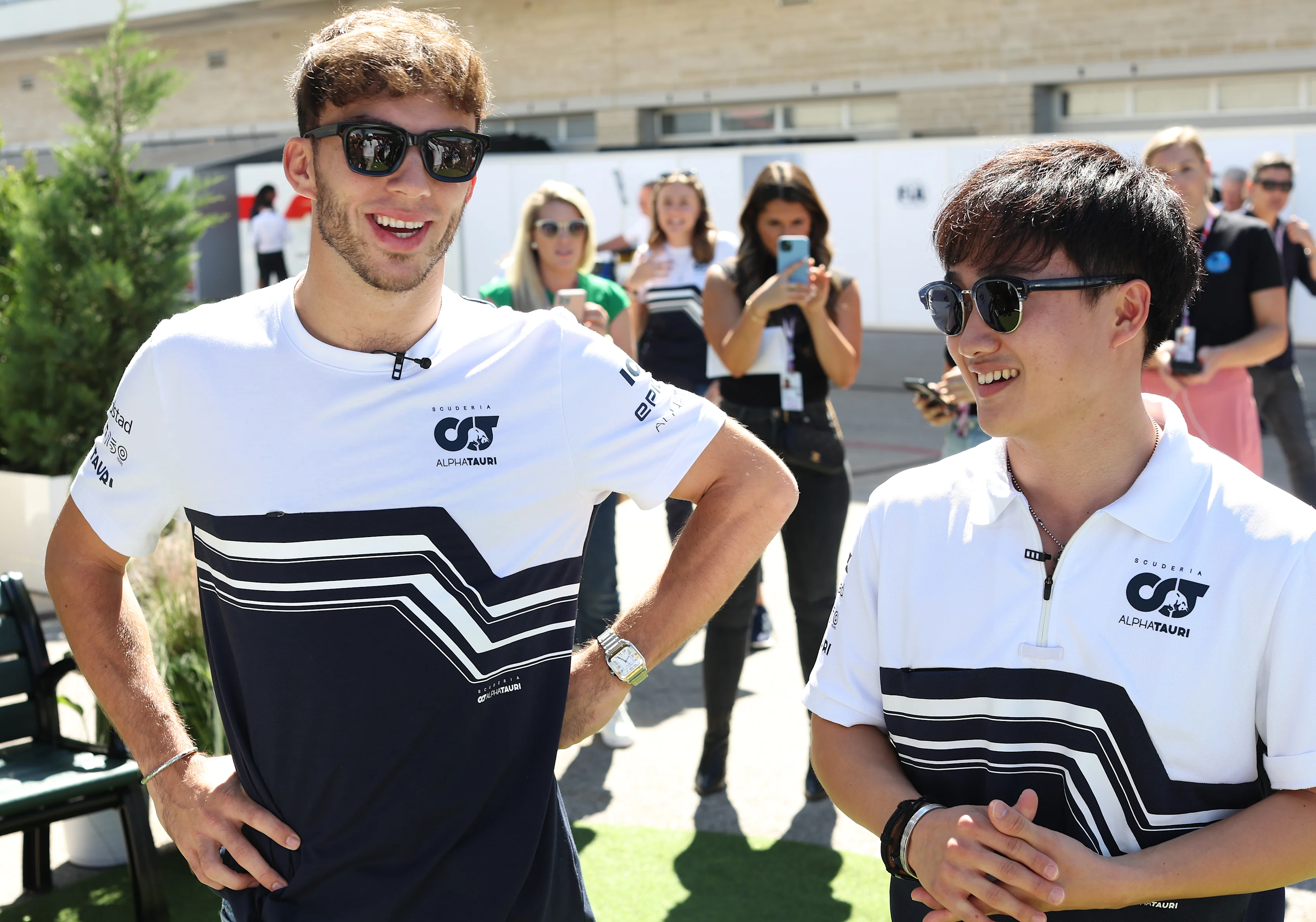 AUSTIN, TEXAS - OCTOBER 20: Pierre Gasly of France and Scuderia AlphaTauri and Yuki Tsunoda of