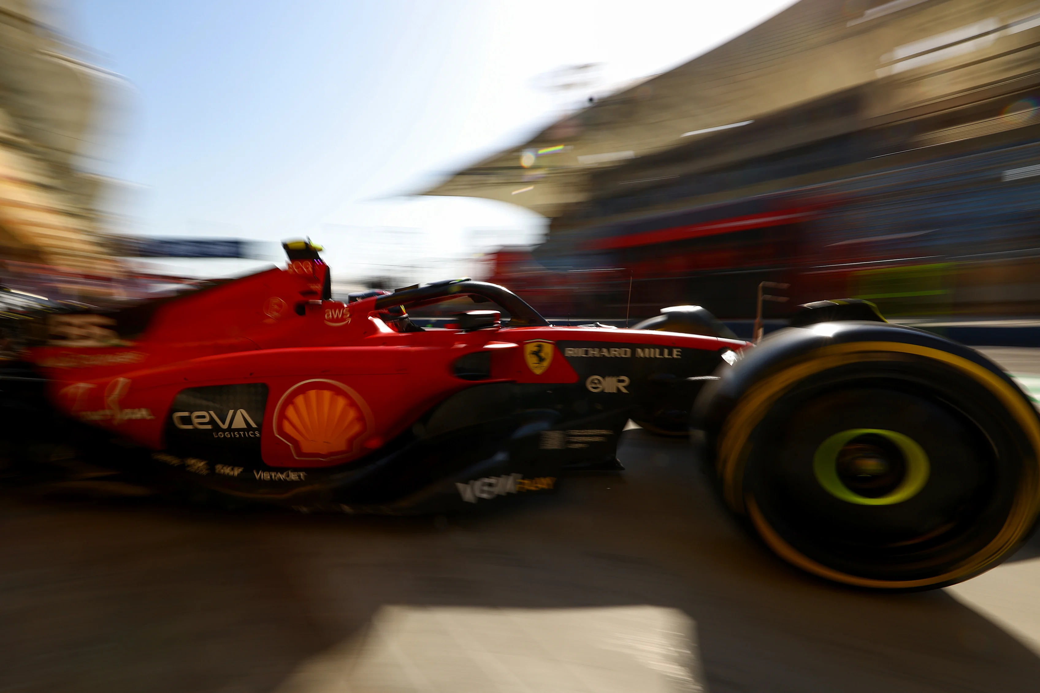 BAHRAIN, BAHRAIN - MARCH 03: Carlos Sainz of Spain driving (55) the Ferrari SF-23 leaves the garage during practice ahead of the F1 Grand Prix of Bahrain at Bahrain International Circuit on March 03, 2023 in Bahrain, Bahrain. (Photo by Mark Thompson/Getty Images)
