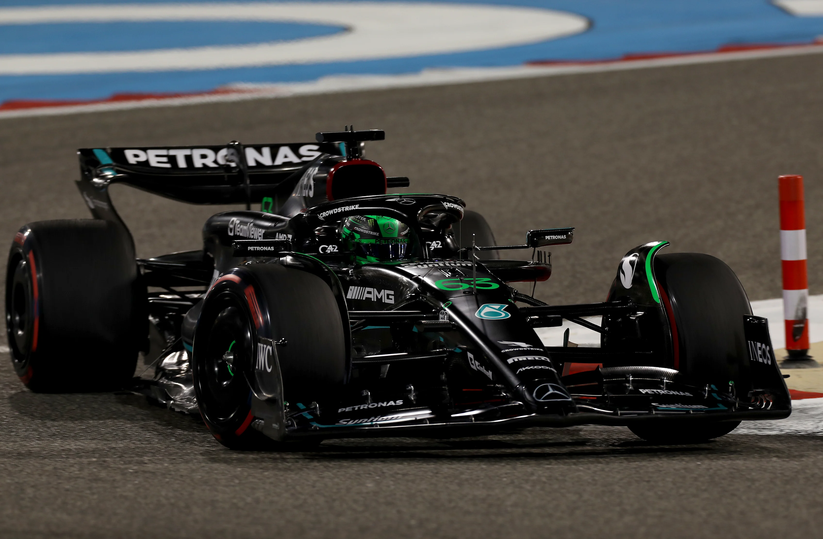 BAHRAIN, BAHRAIN - MARCH 03: George Russell of Great Britain driving the (63) Mercedes AMG Petronas F1 Team W14 on track during practice ahead of the F1 Grand Prix of Bahrain at Bahrain International Circuit on March 03, 2023 in Bahrain, Bahrain. (Photo by Peter Fox/Getty Images)