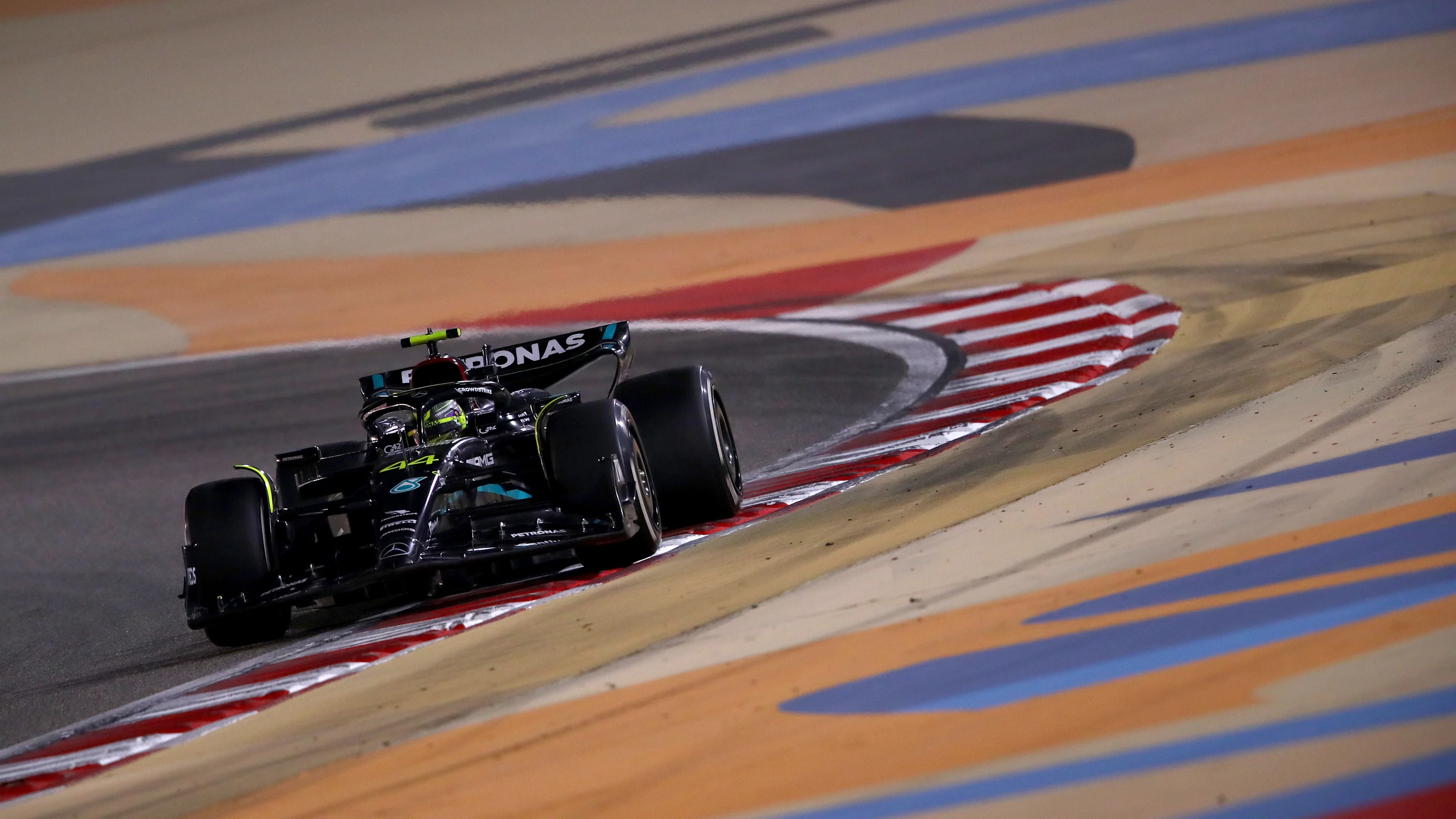 BAHRAIN, BAHRAIN - MARCH 05: Lewis Hamilton of Great Britain driving the (44) Mercedes AMG Petronas F1 Team W14 on track during the F1 Grand Prix of Bahrain at Bahrain International Circuit on March 05, 2023 in Bahrain, Bahrain. (Photo by Joe Portlock - Formula 1/Formula 1 via Getty Images)