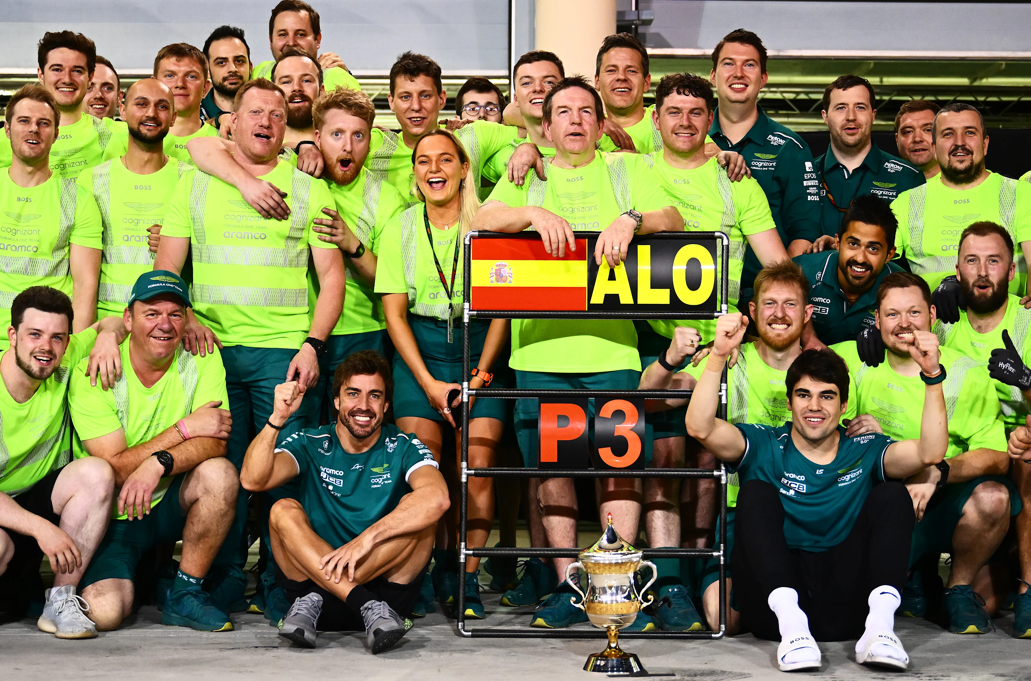 BAHRAIN, BAHRAIN - MARCH 05: Third placed Fernando Alonso of Spain and Aston Martin F1 Team