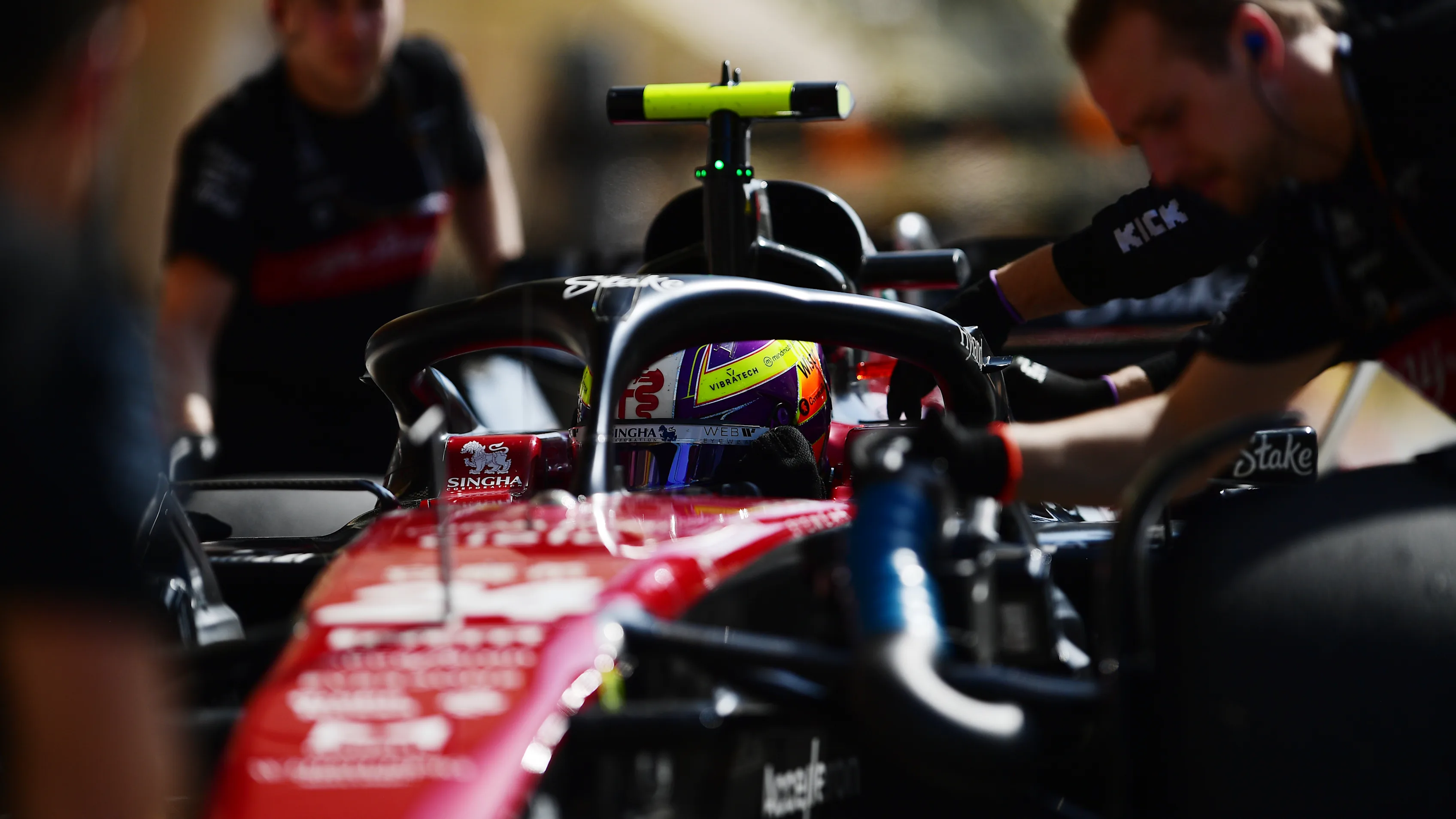 BAHRAIN, BAHRAIN - FEBRUARY 24: Zhou Guanyu of China driving the (24) Alfa Romeo F1 C43 Ferrari in the Pitlane during day two of F1 Testing at Bahrain International Circuit on February 24, 2023 in Bahrain, Bahrain.