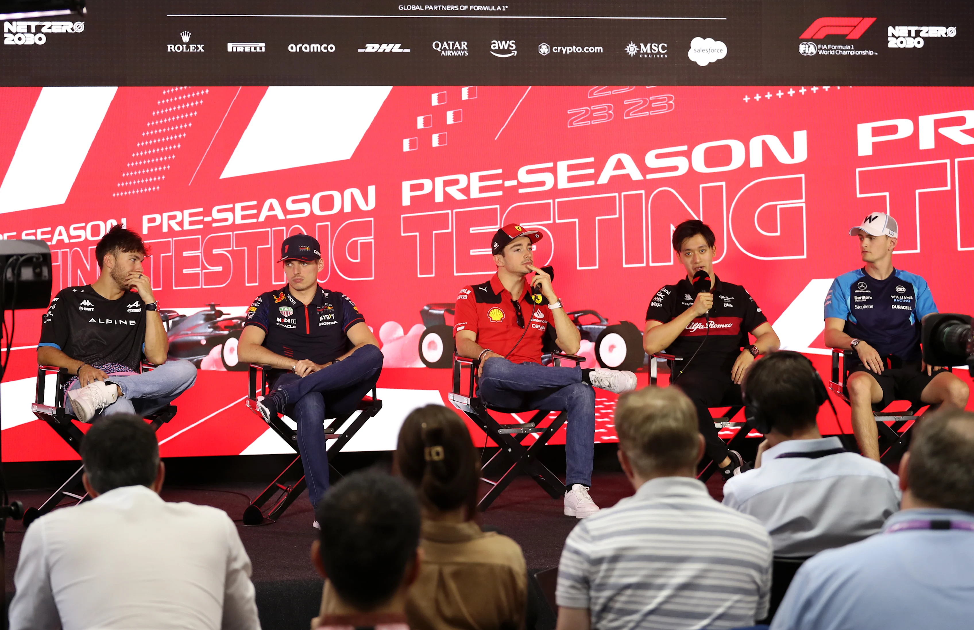 BAHRAIN, BAHRAIN - FEBRUARY 25: (L-R) Pierre Gasly of France and Alpine F1, Max Verstappen of the