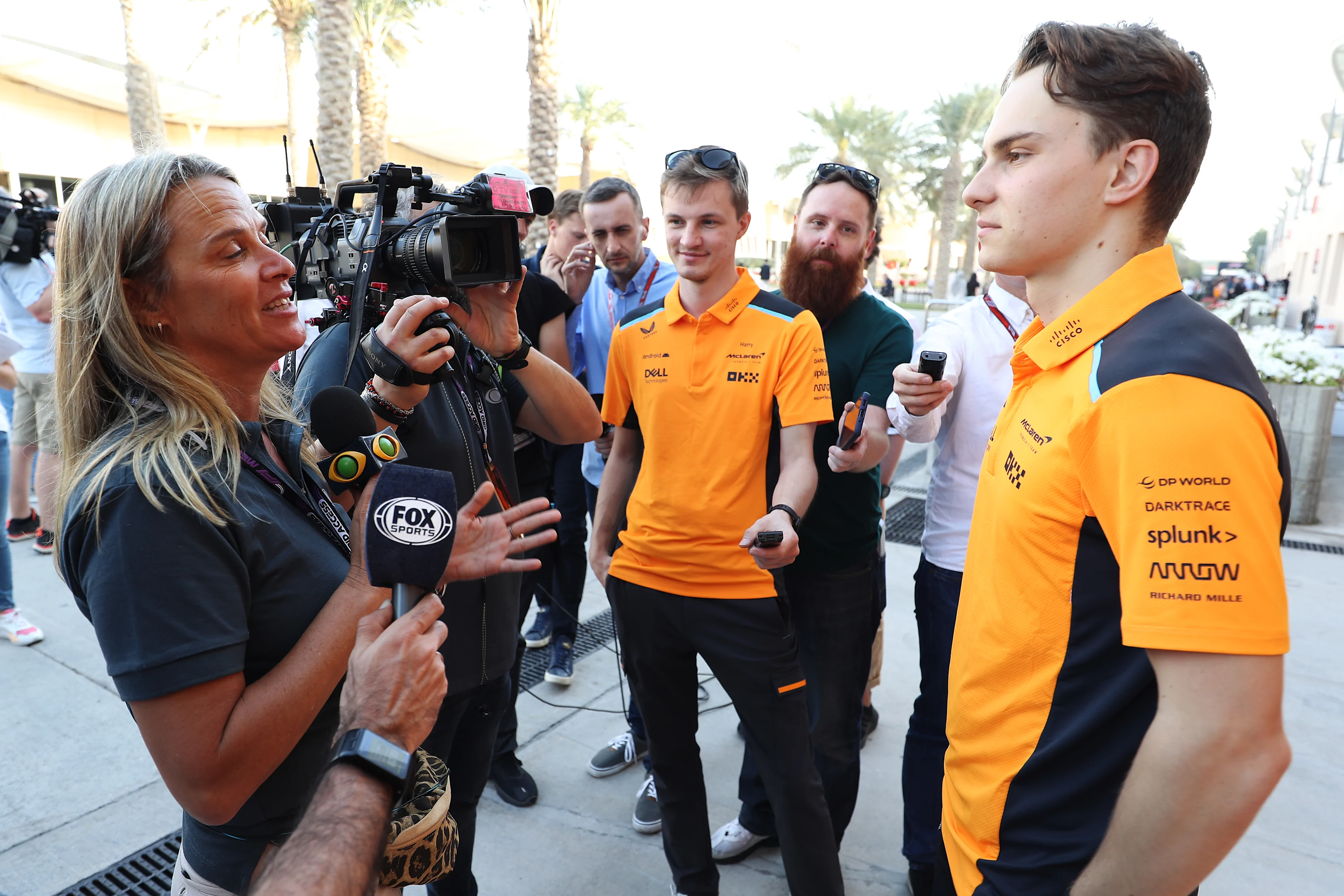 BAHRAIN, BAHRAIN - FEBRUARY 25: Oscar Piastri of Australia and McLaren talks to the media in the