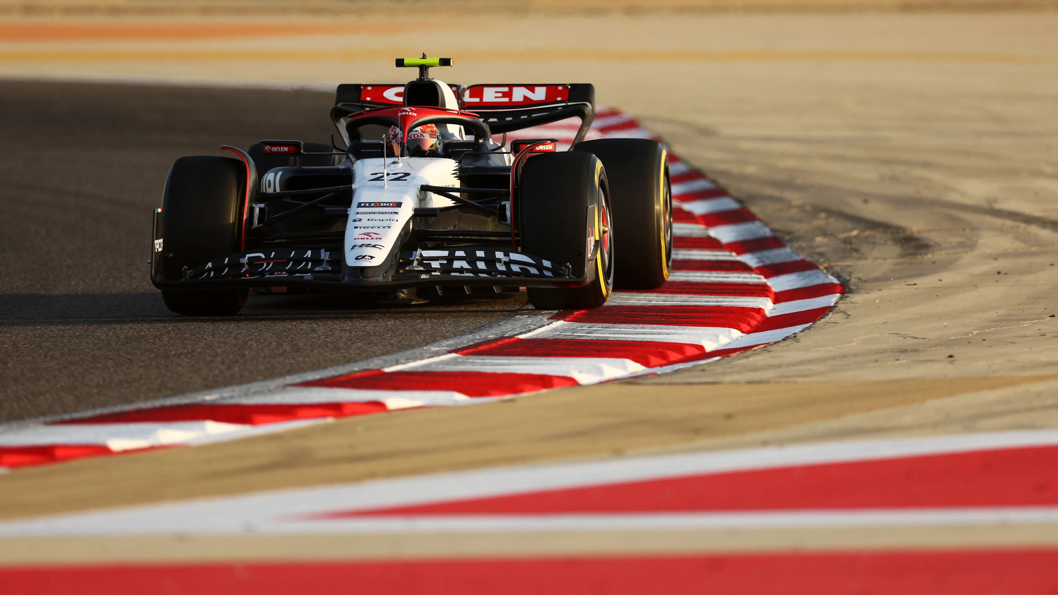 Yuki Tsunoda of Japan driving the (22) Scuderia AlphaTauri AT04 on track during day three of F1 Testing at Bahrain International Circuit on February 25, 2023 in Bahrain, Bahrain. (Photo by Dan Istitene - Formula 1/Formula 1 via Getty Images)