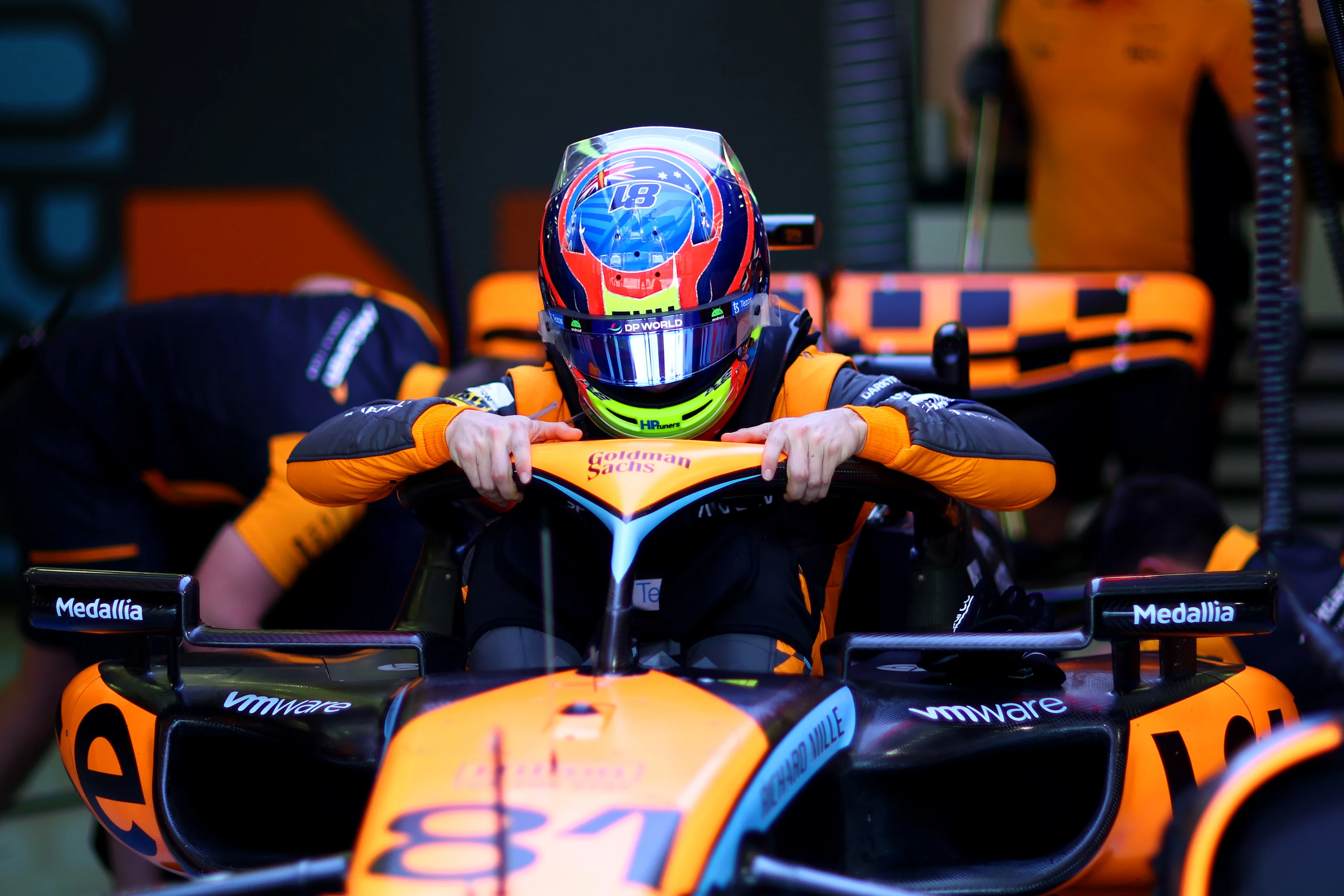 BAHRAIN, BAHRAIN - FEBRUARY 23: Oscar Piastri of Australia and McLaren prepares to drive in the garage during day one of F1 Testing at Bahrain International Circuit on February 23, 2023 in Bahrain, Bahrai