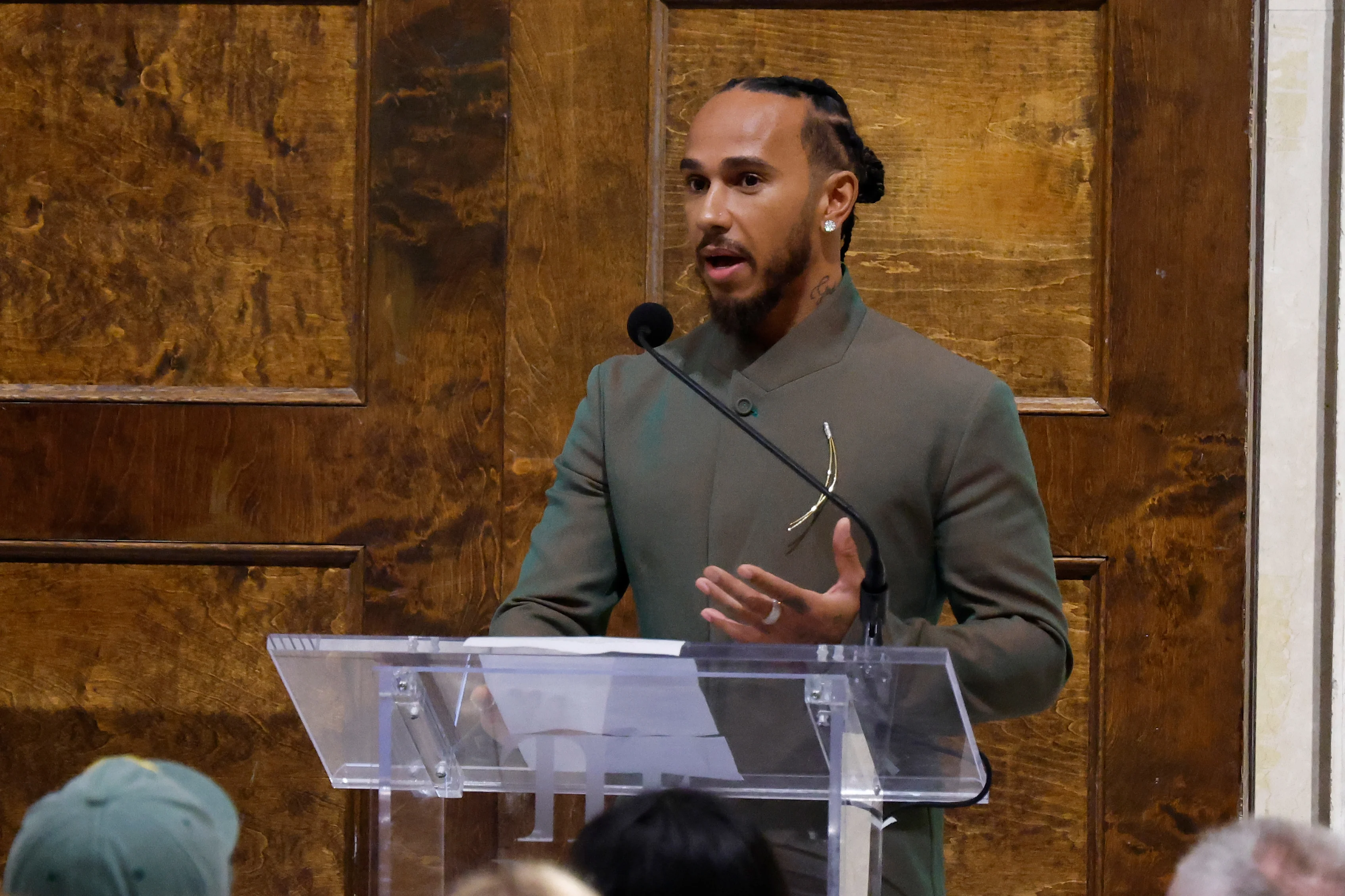 AUSTIN, TEXAS - OCTOBER 17: Lewis Hamilton of Great Britain and Mercedes talks to the media in the Paddock during previews ahead of the F1 Grand Prix of United States at Circuit of The Americas. (Photo by Peter Fox - Formula 1/Formula 1 via Getty Images)