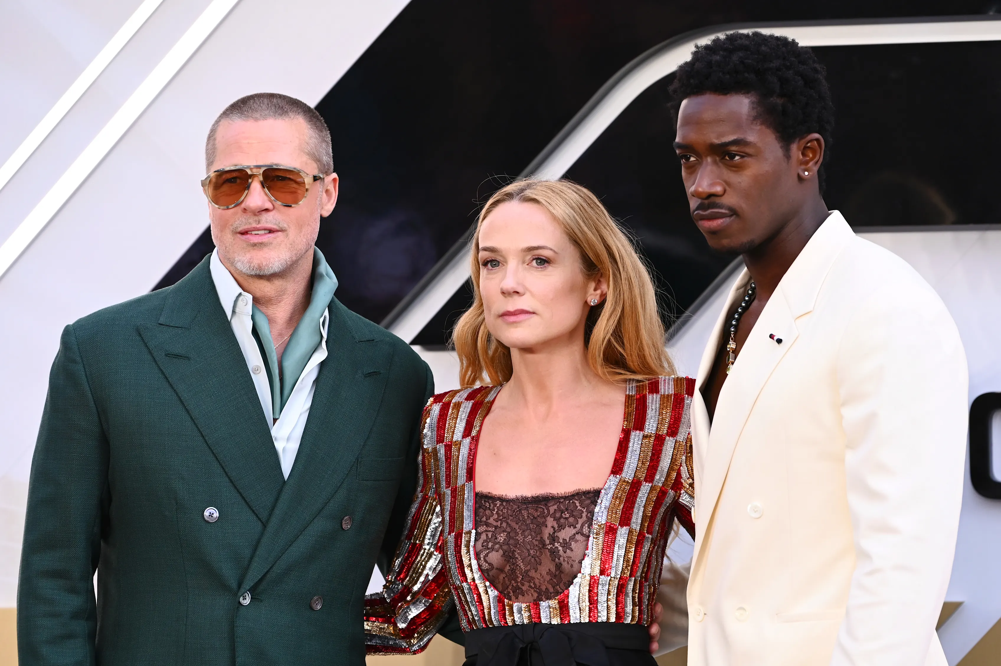 LONDON, ENGLAND - JUNE 23: Brad Pitt, Kerry Condon and Damson Idris attend the "F1: The Movie"