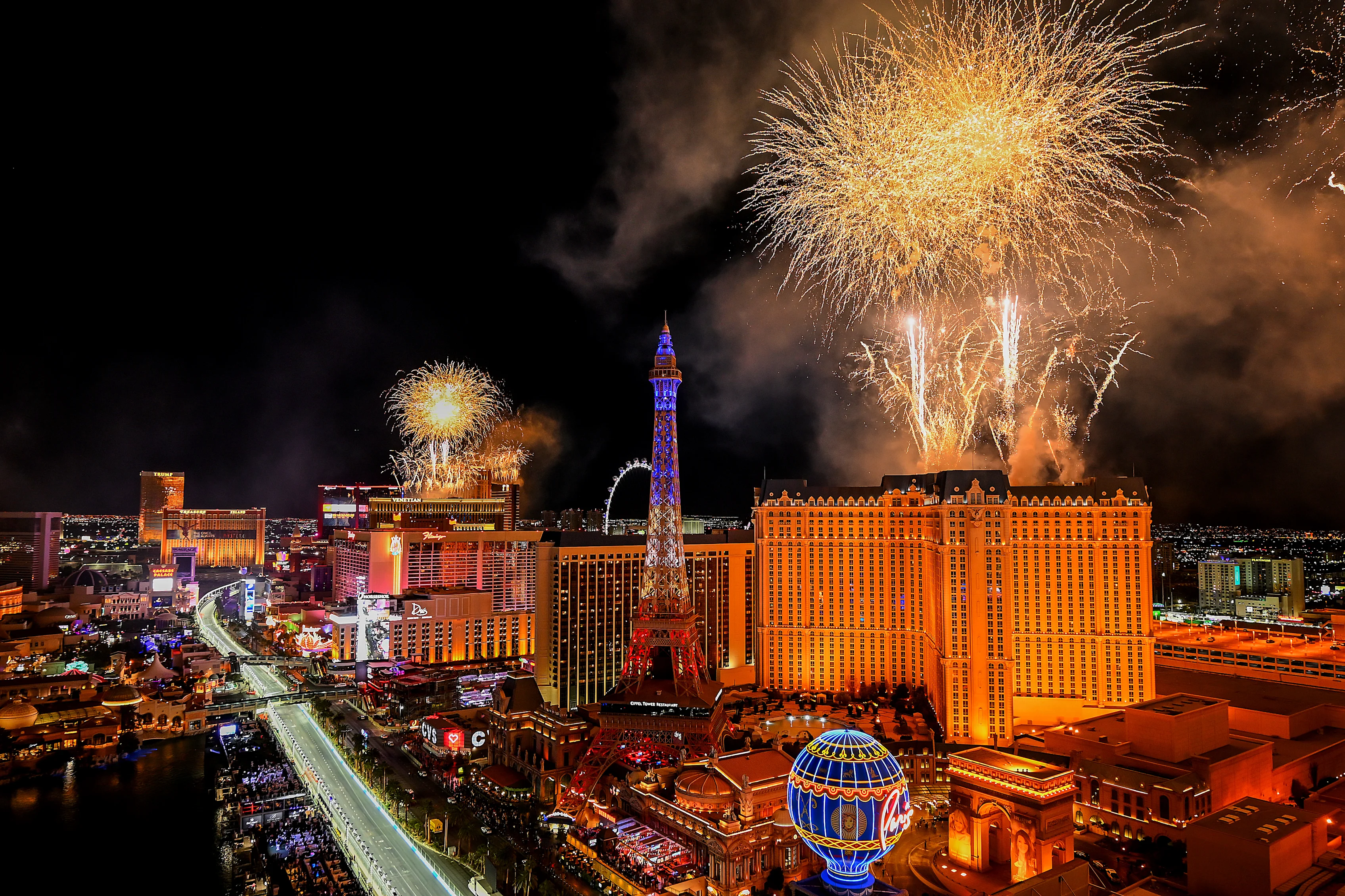 LAS VEGAS, NEVADA - NOVEMBER 23: A general view over the circuit as fireworks go off after the F1