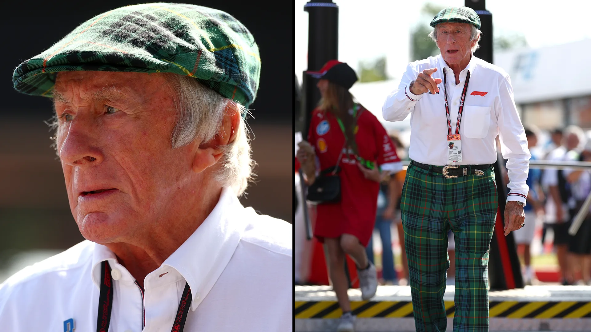 Sir Jackie Stewart donned his signature tartan combination cap and trousers. Swipe for more