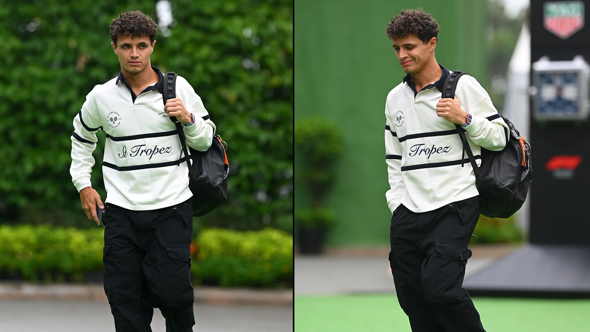 Lando Norris arrived in the paddock in a vintage rugby polo. Swipe for more images