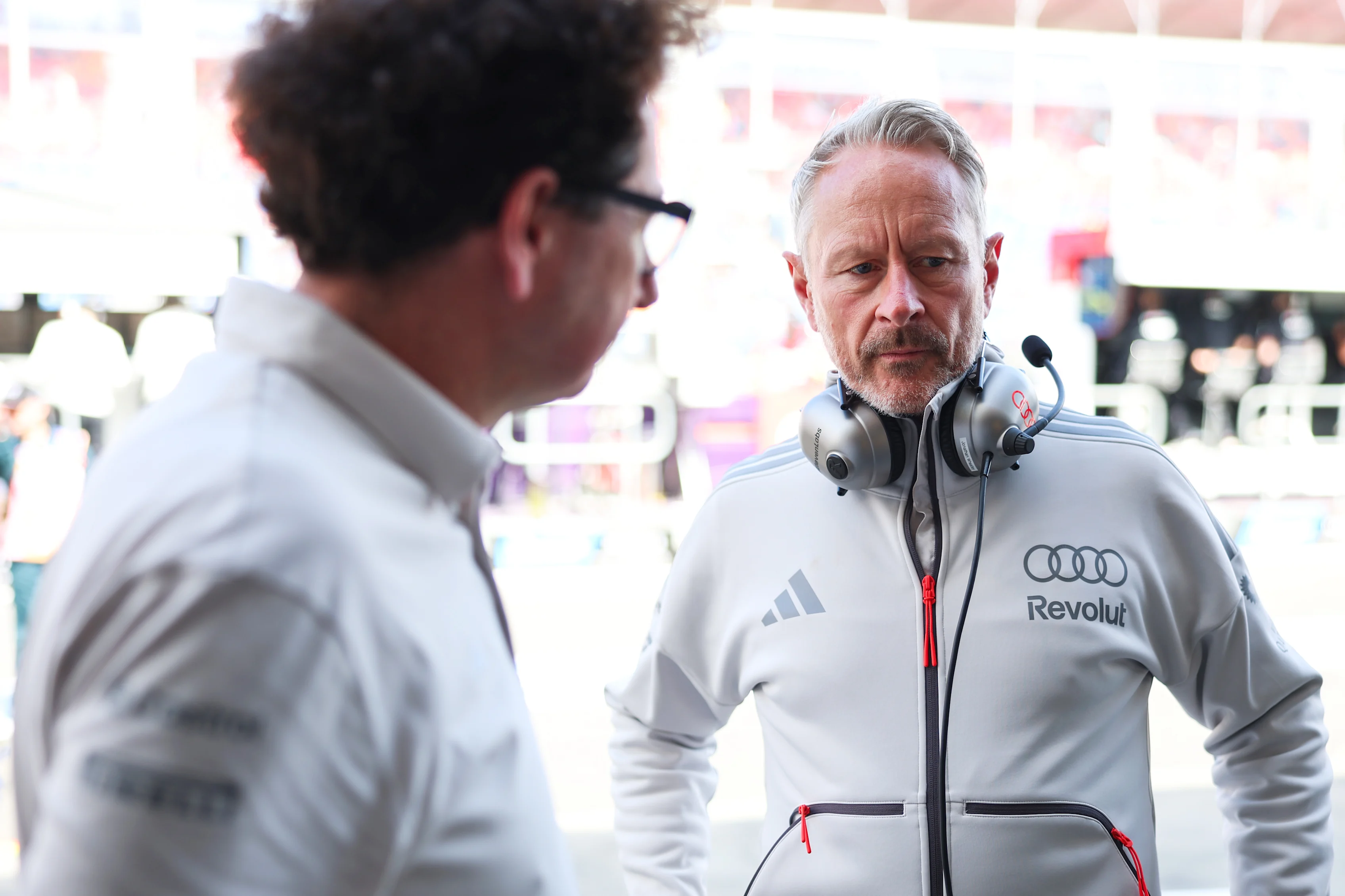 MELBOURNE, AUSTRALIA - MARCH 07: Mattia Binotto, COO and CTO of Audi F1 Team and Jonathan Wheatley,