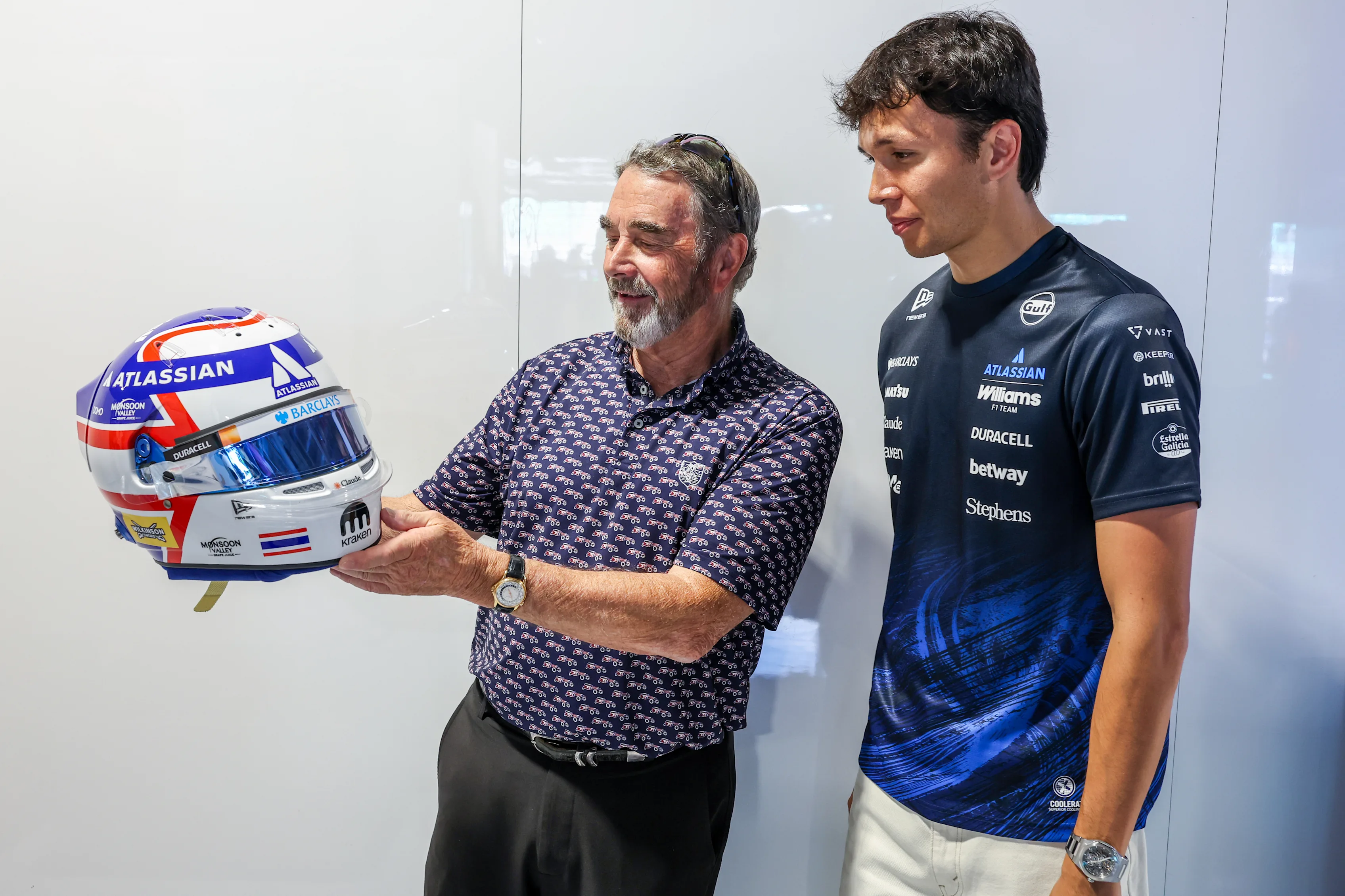 MIAMI, FLORIDA - APRIL 30: Nigel Mansell with Alexander Albon of Thailand and Williams in the