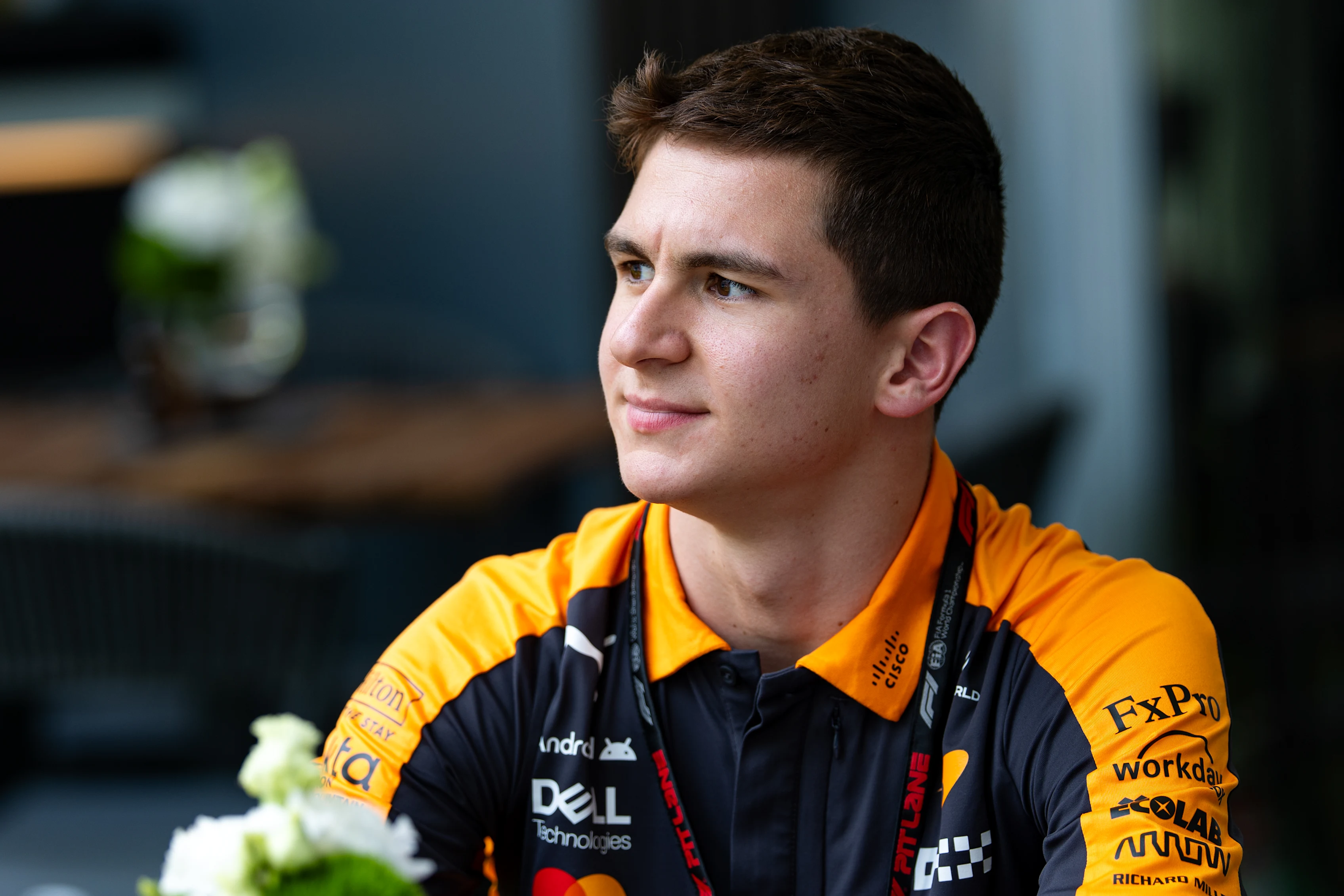 MIAMI, FLORIDA - APRIL 29: Leonardo Fornaroli of McLaren looks on from the hospitality suite during
