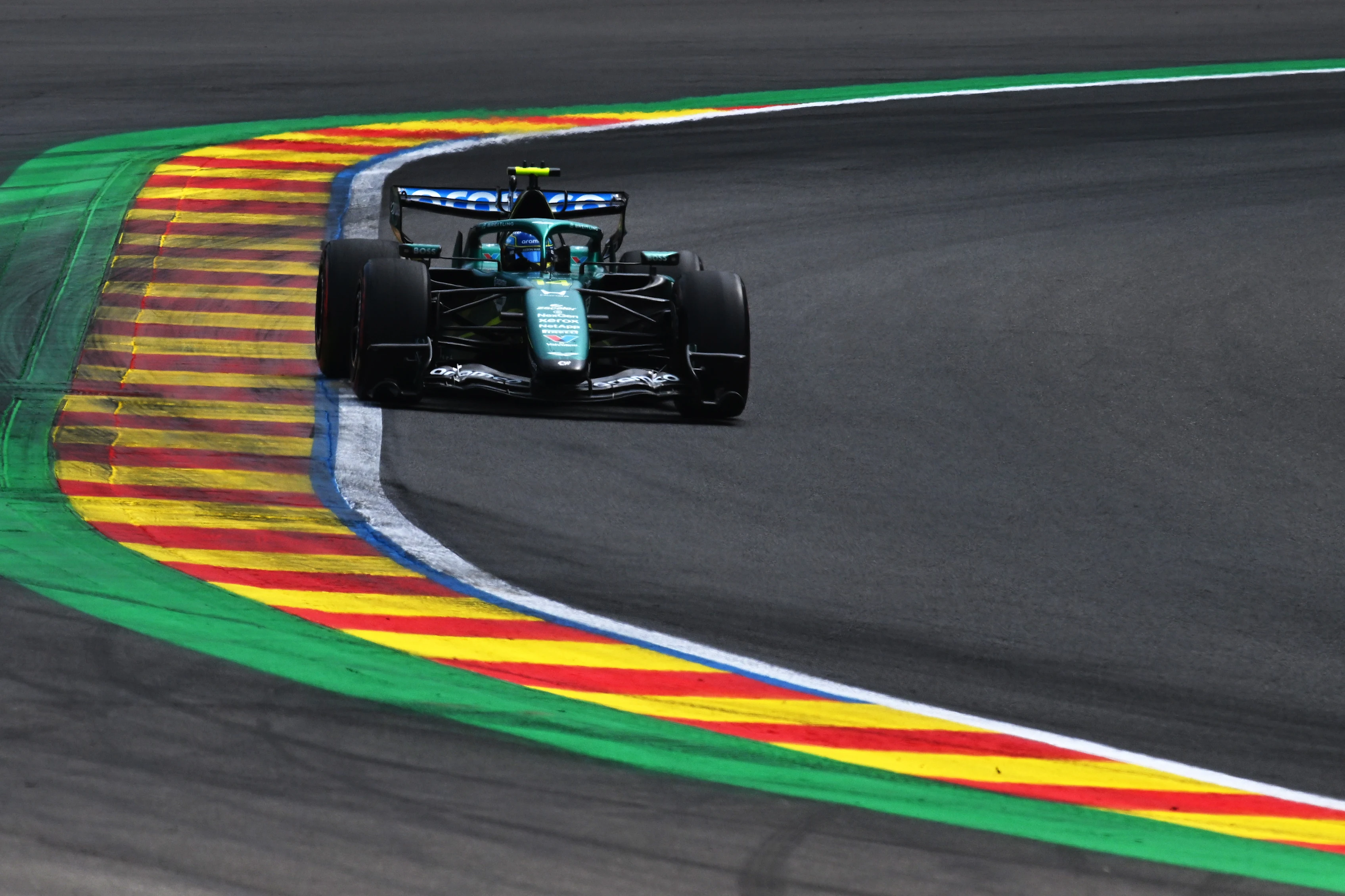 SPA, BELGIUM - JULY 18: Fernando Alonso of Spain driving the (14) Aston Martin F1 Team AMR26 Honda