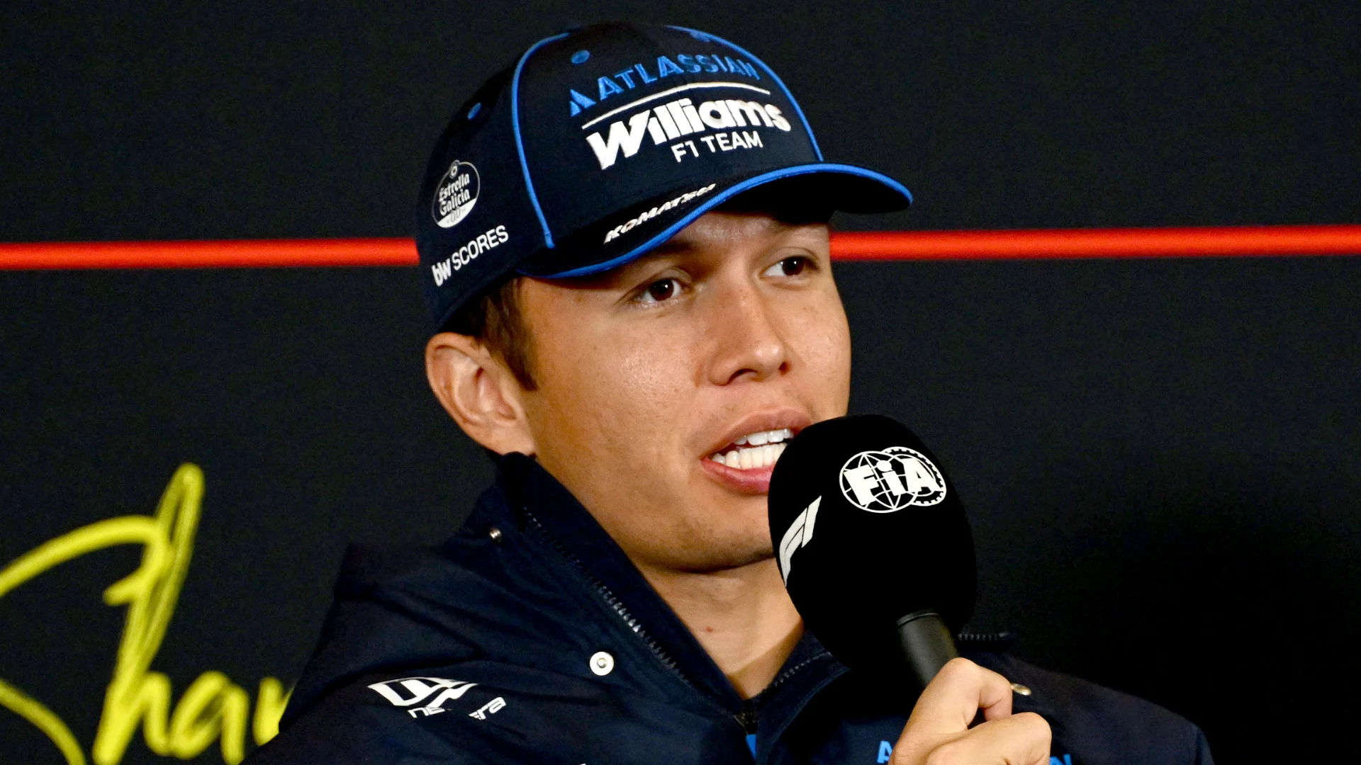 SHANGHAI, CHINA - MARCH 12: Alexander Albon of Thailand and Williams speaks in the Drivers Press