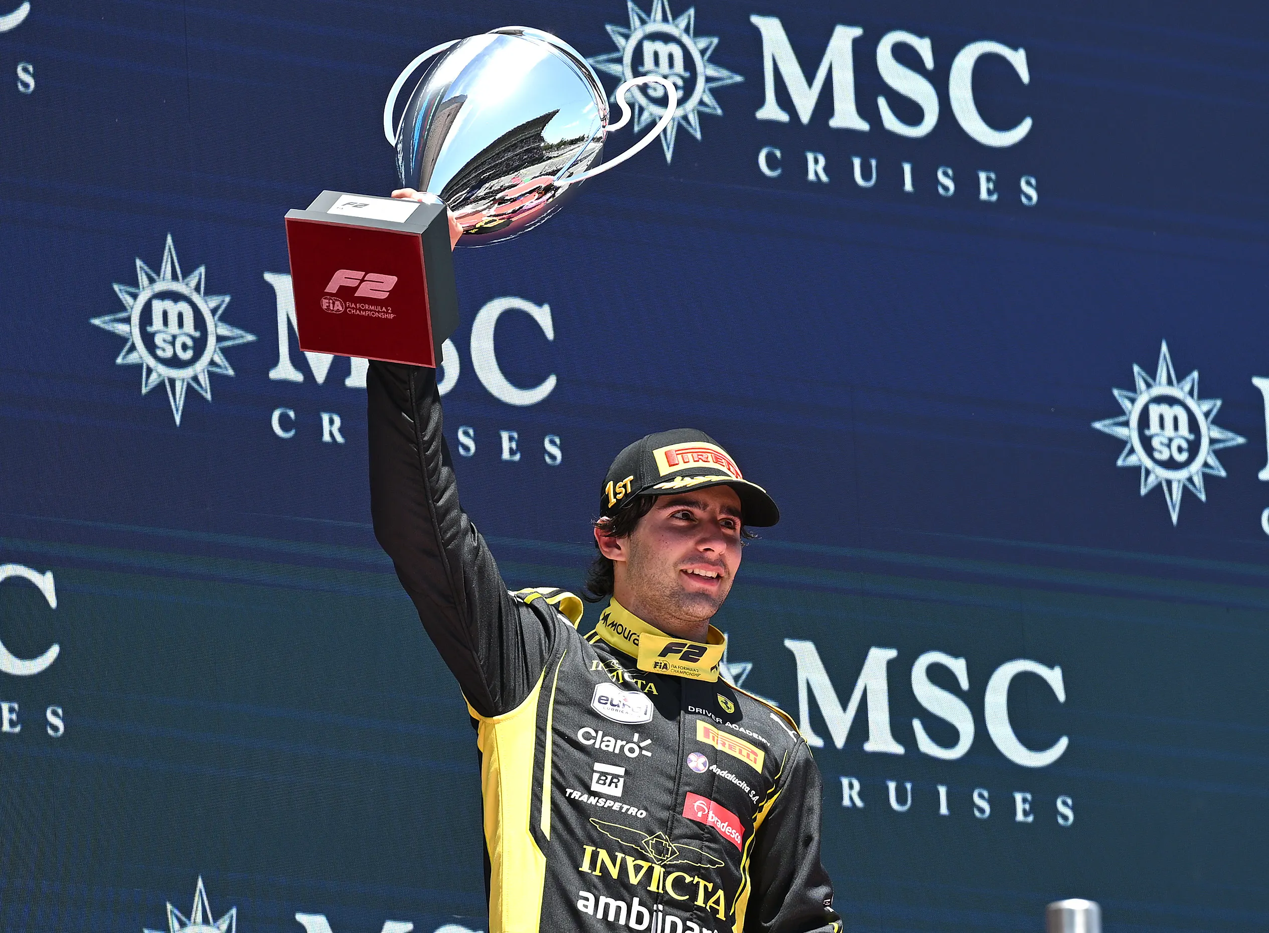 BARCELONA, SPAIN - JUNE 14: Race winner Rafael Camara of Brazil and Invicta Racing (1) lifts his