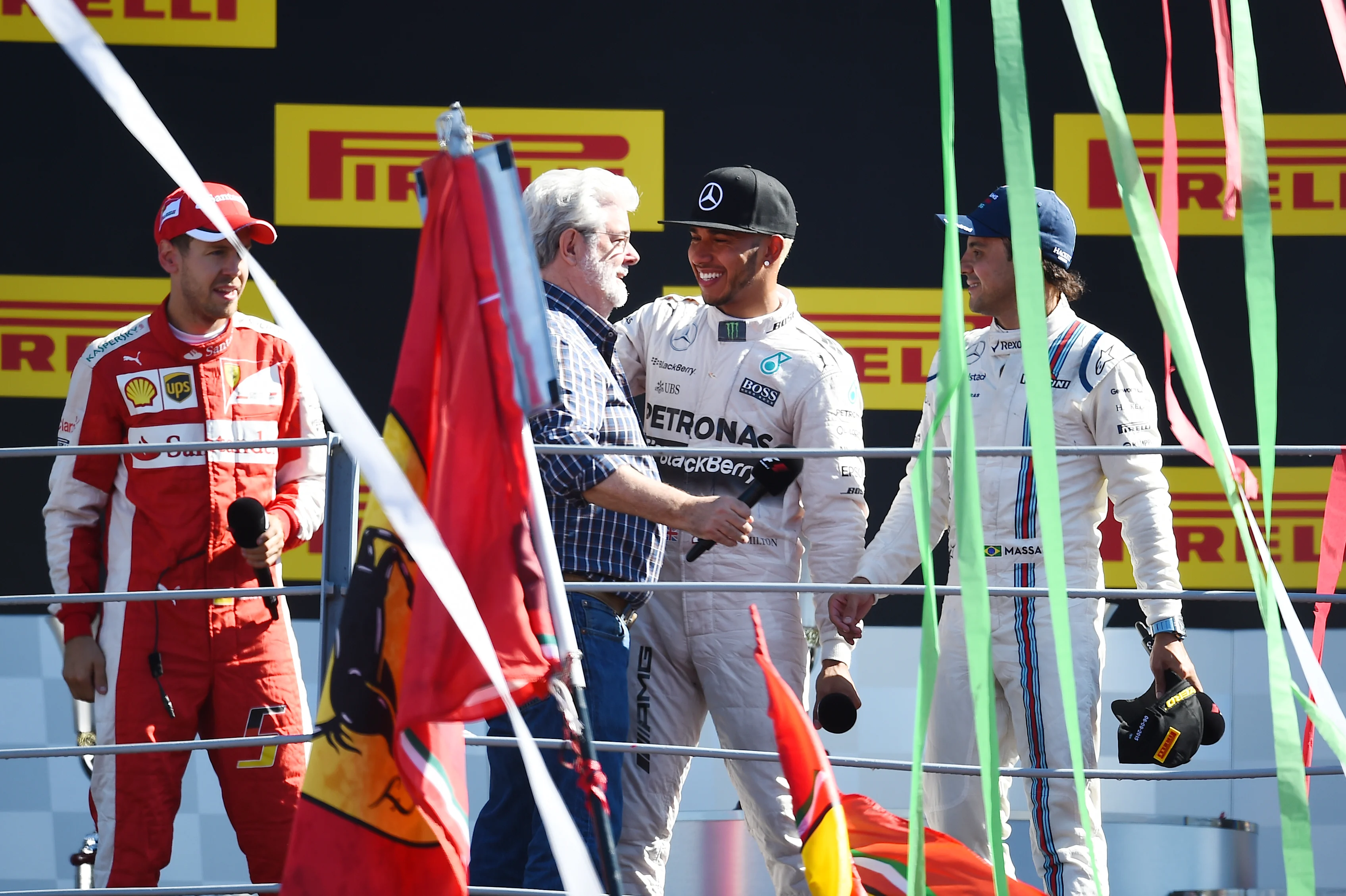 George Lucas joined Lewis Hamilton, Sebastian Vettel and Felipe Massa on the Monza podium in 2015, conducting the post-race interviews after Hamilton’s victory.