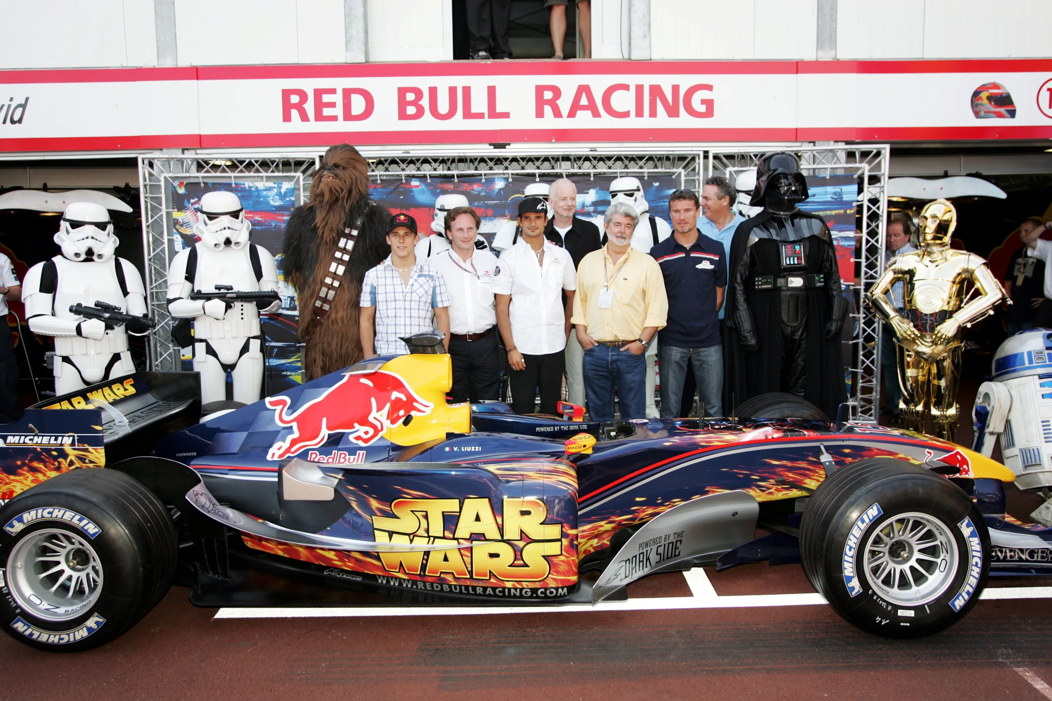 The Star Wars crew with (L to R): Christian Klien (AUT) Red Bull Racing Third Driver; Christian