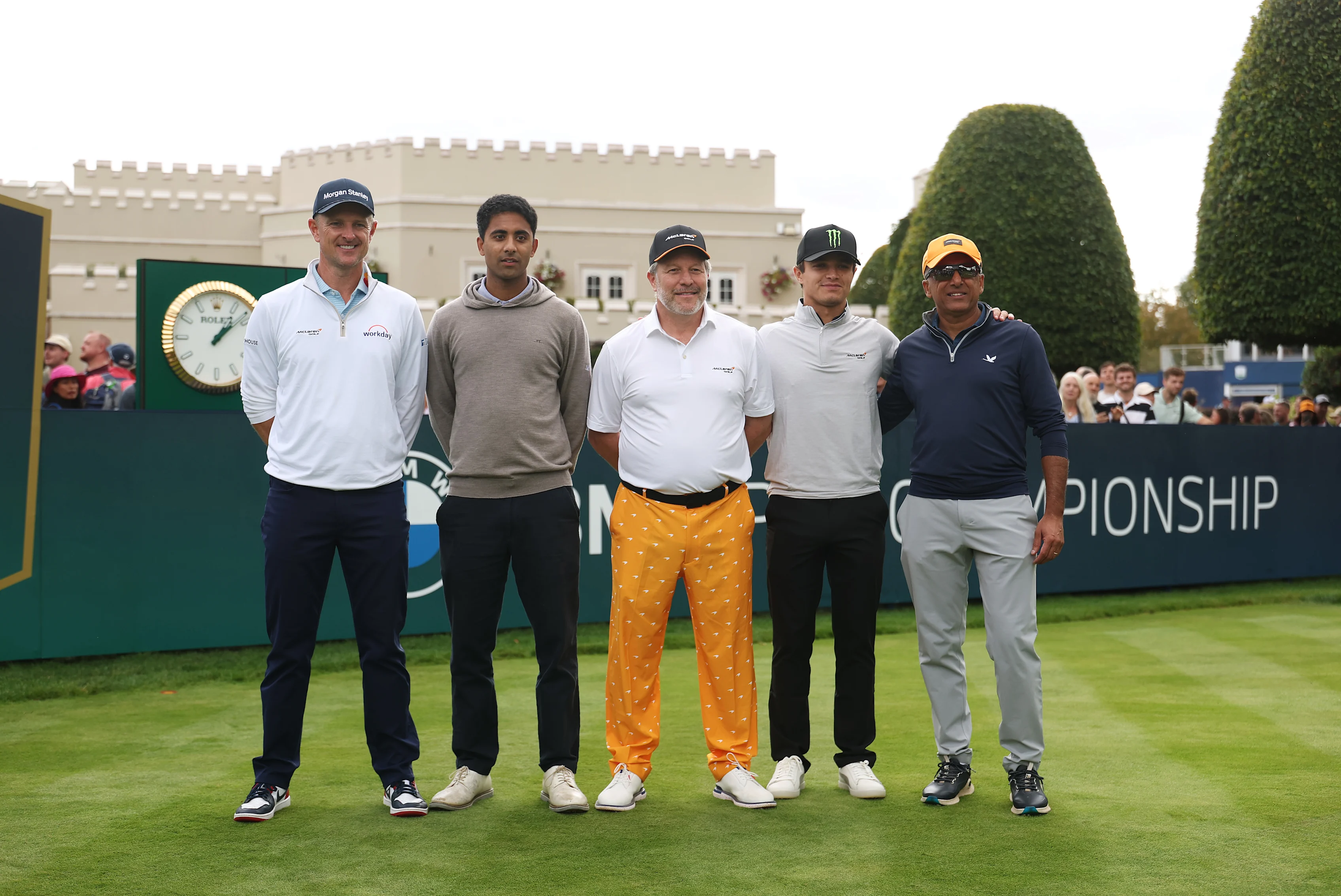 VIRGINIA WATER, ENGLAND - SEPTEMBER 16: Justin Rose, Ashwini Mathur, Zak Brown, Lando Norris and