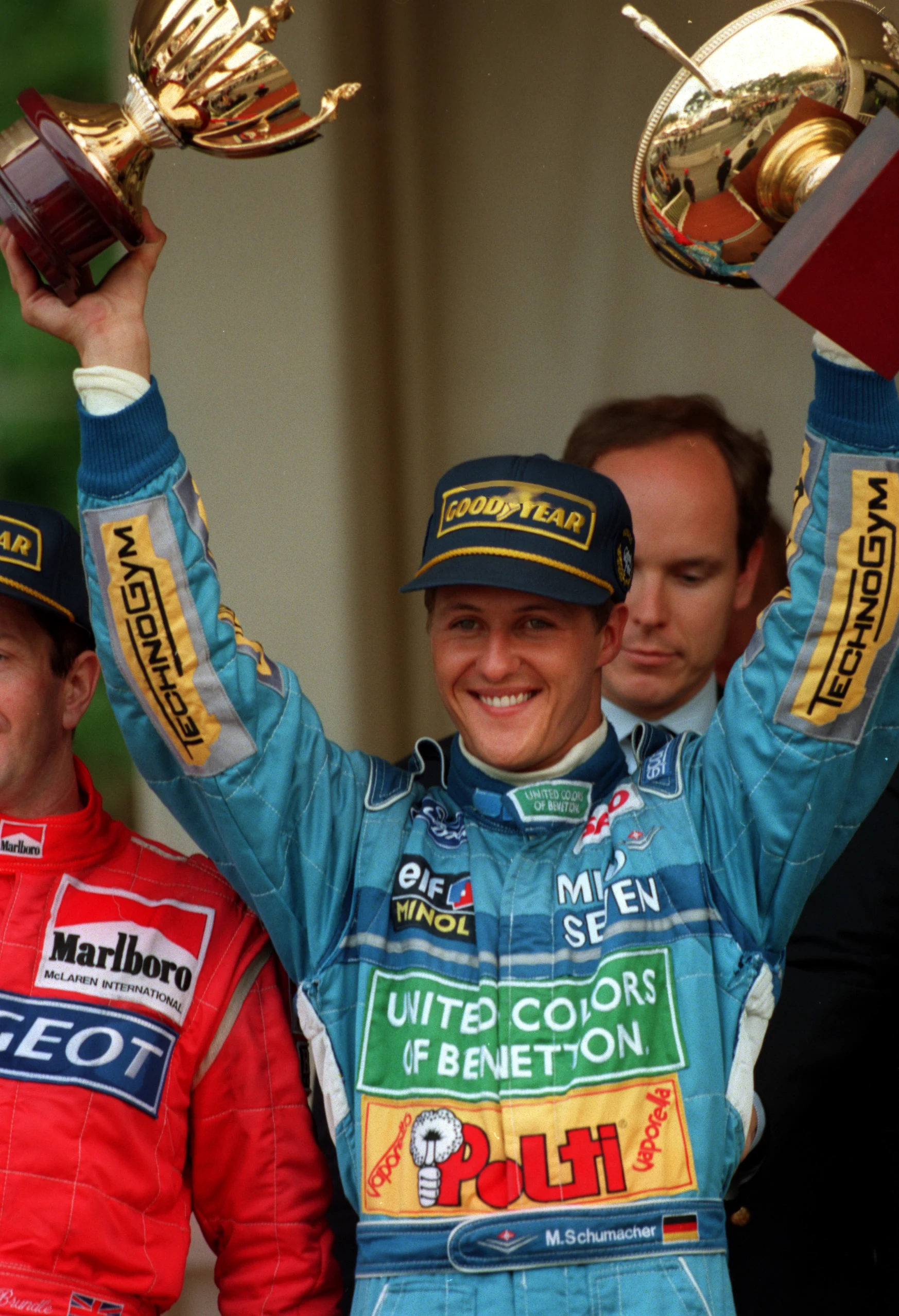 1994 : Michael Schumacher of Benetton celebrates victory in the Monaco Grand Prix in Monte Carlo,