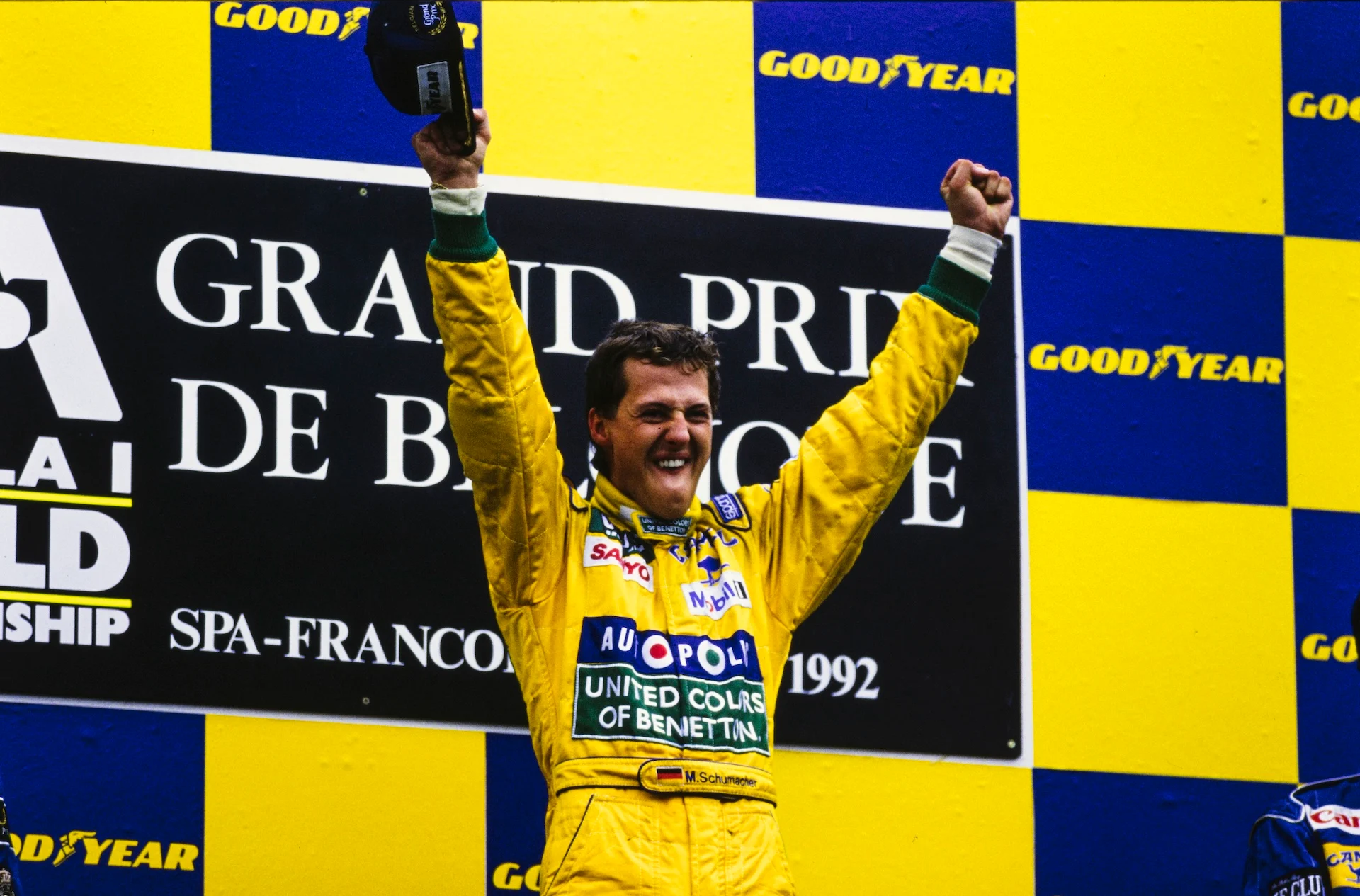 SPA-FRANCORCHAMPS, BELGIUM - AUGUST 30: Michael Schumacher, 1st position, celebrates his maiden