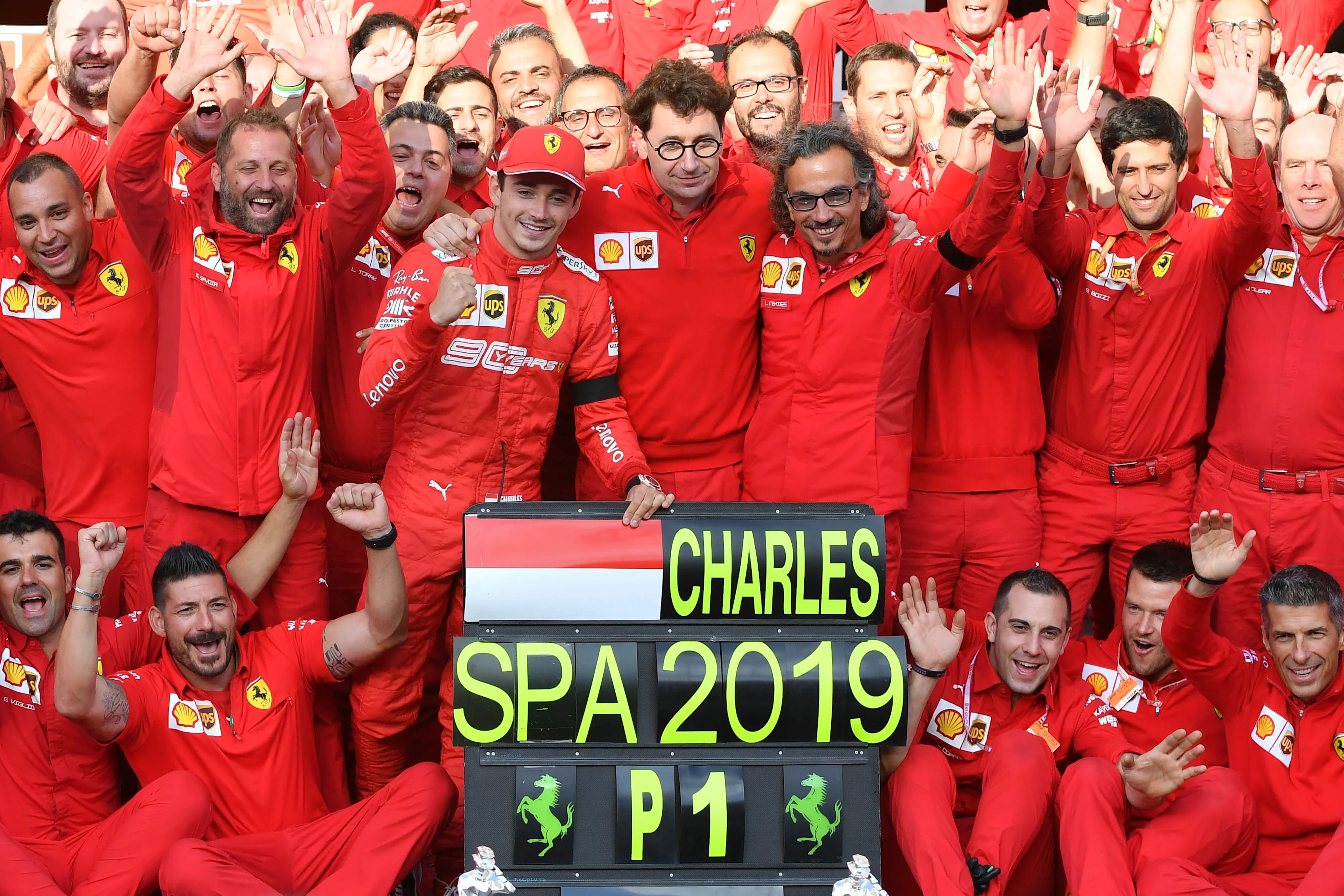 SPA-FRANCORCHAMPS, BELGIUM - SEPTEMBER 01: Charles Leclerc, Ferrari, Mattia Binotto, Team Principal