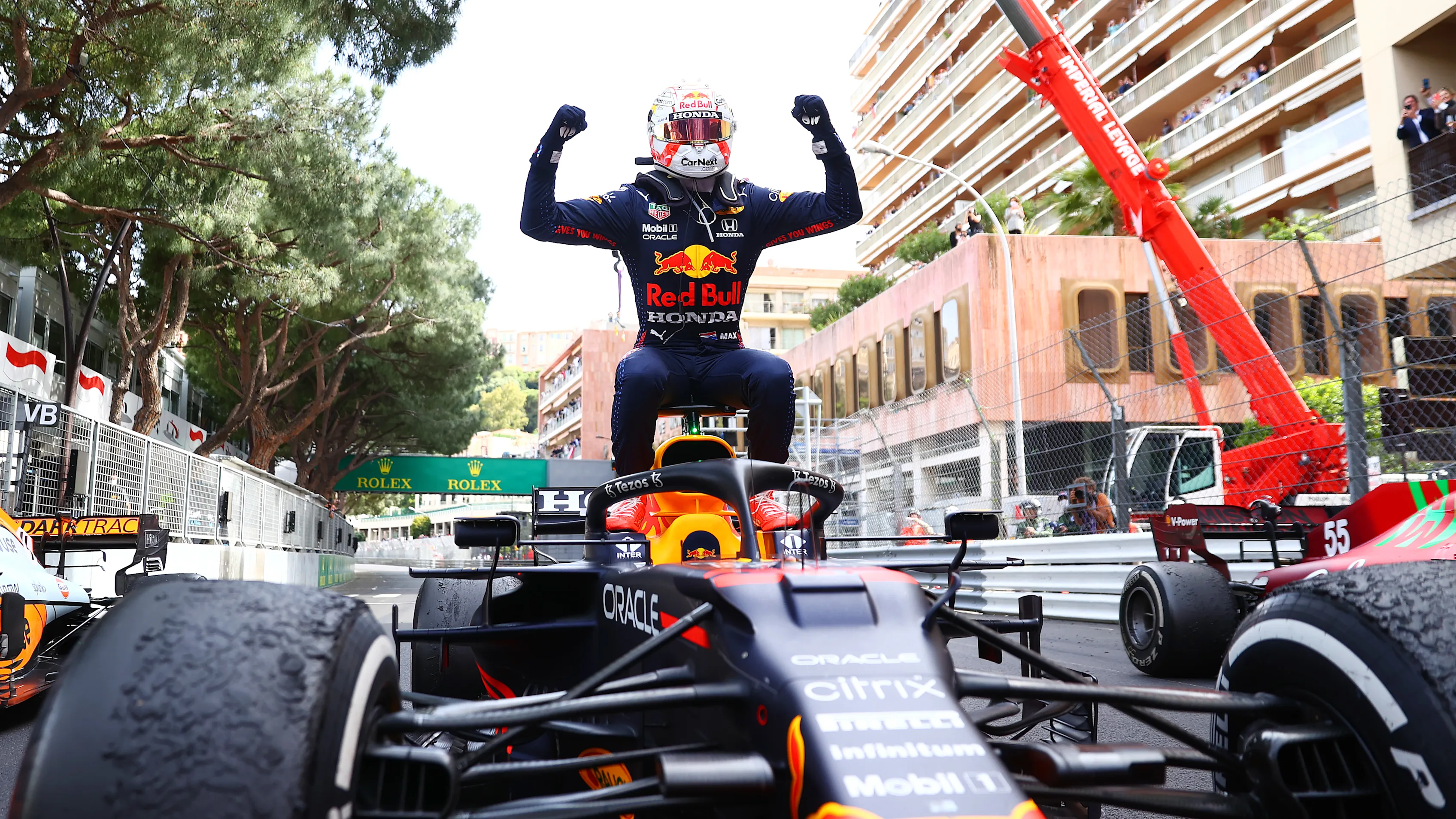MONTE-CARLO, MONACO - MAY 23: Max Verstappen of the Netherlands and Red Bull Racing celebrates