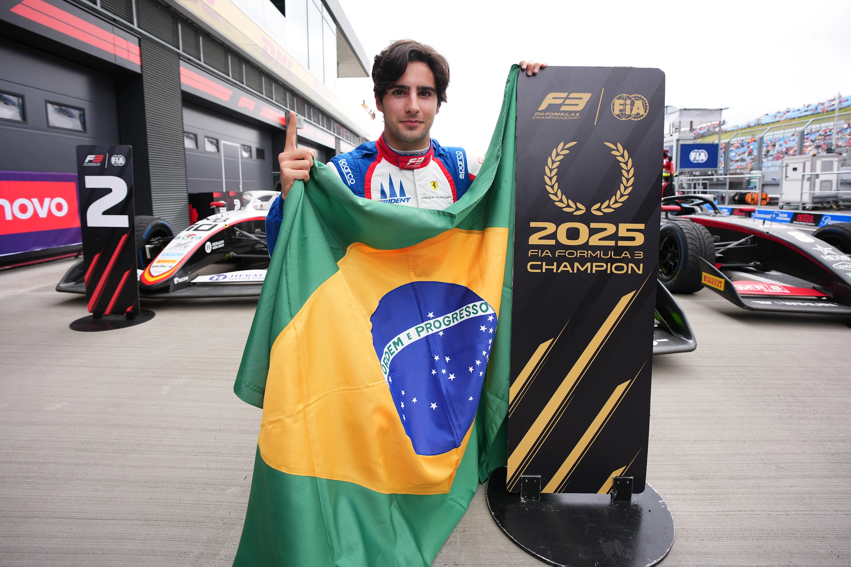 BUDAPEST, HUNGARY - AUGUST 03: 2025 F3 Drivers champion and Race winner Rafael Camara of Brazil and