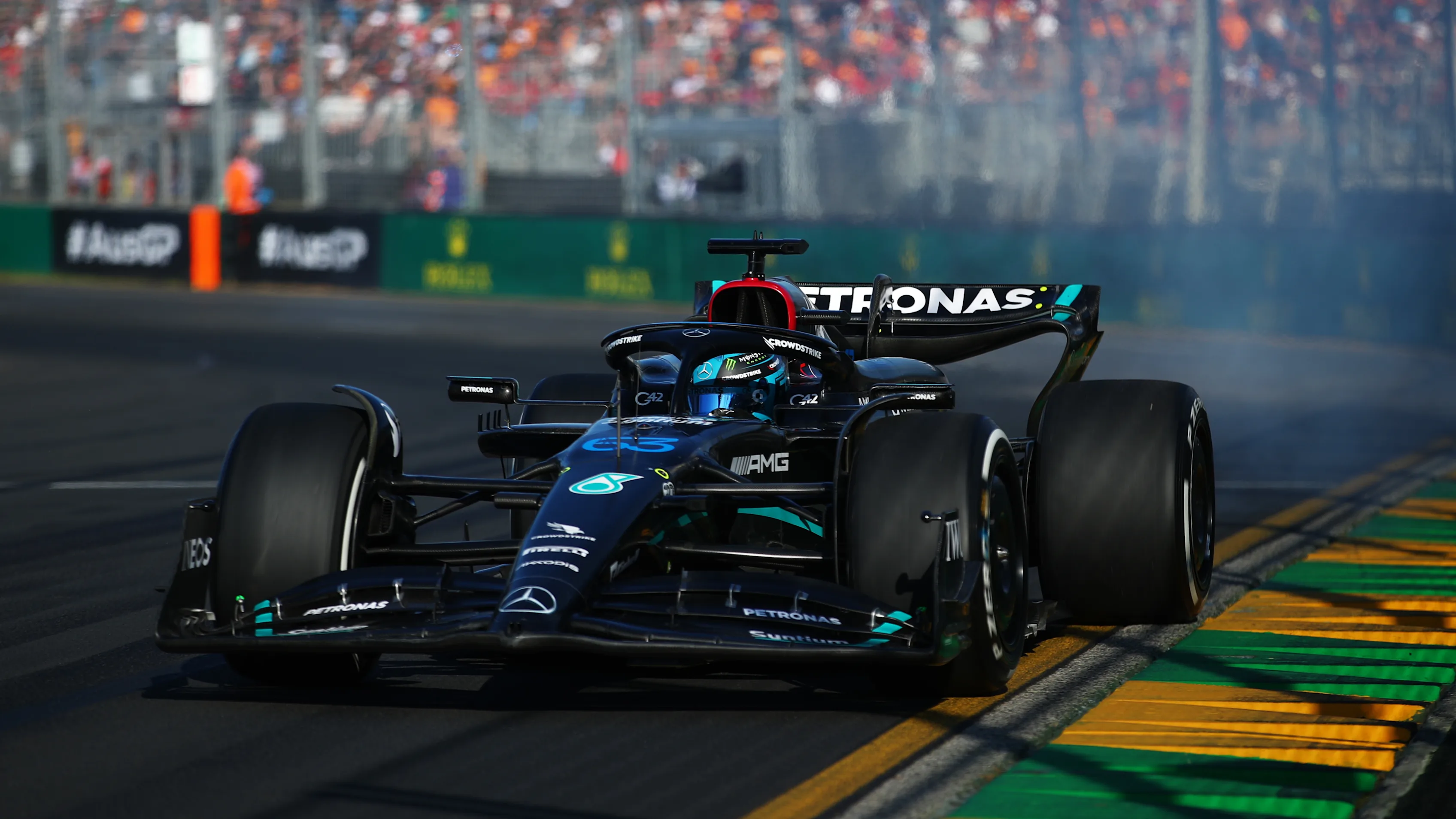 MELBOURNE, AUSTRALIA - APRIL 02: George Russell of Great Britain driving the (63) Mercedes AMG