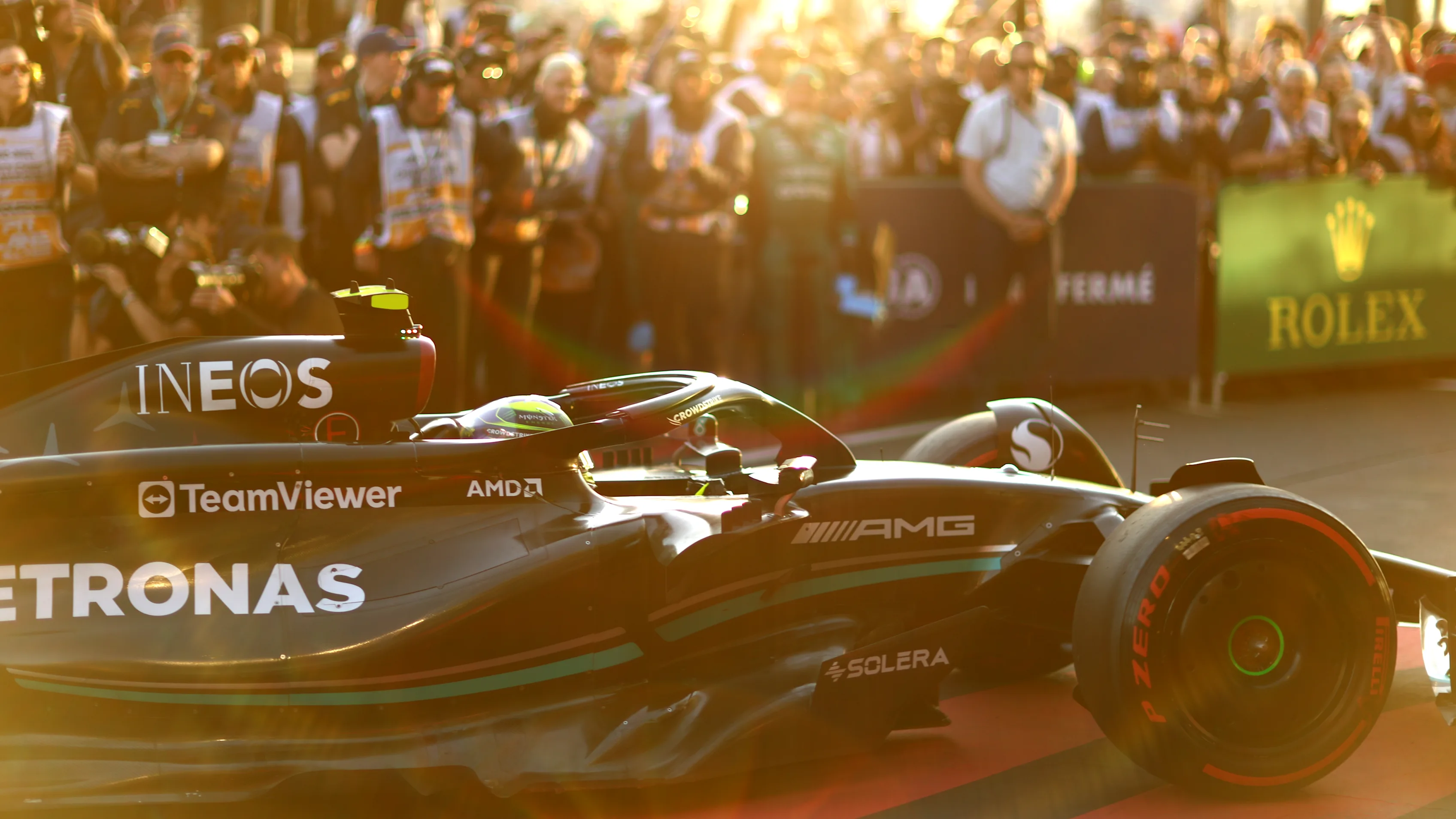 MELBOURNE, AUSTRALIA - APRIL 02: Second placed Lewis Hamilton of Great Britain driving the (44)