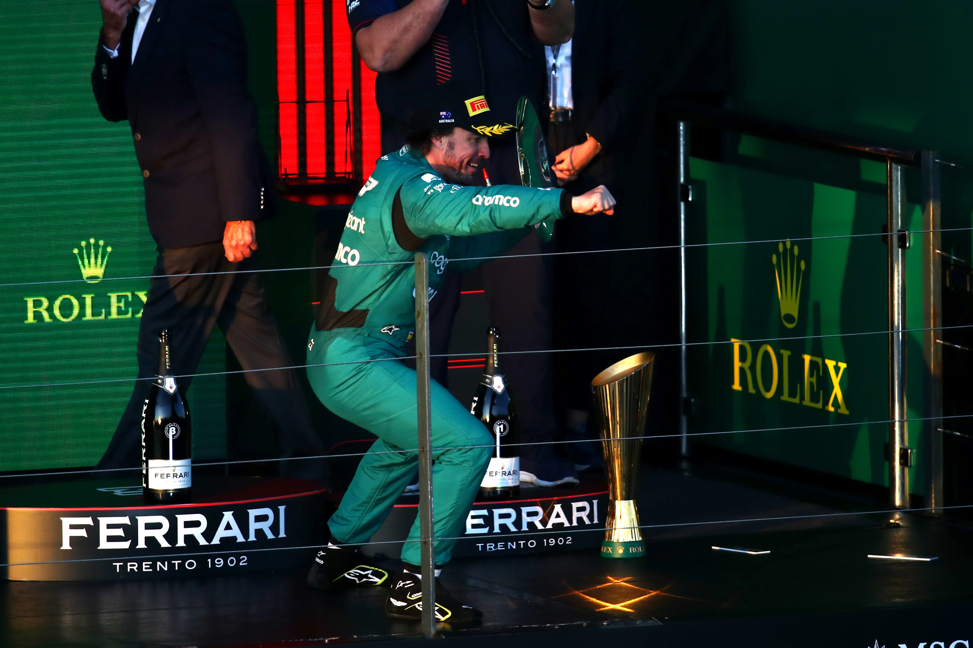MELBOURNE, AUSTRALIA - APRIL 02: Third placed Fernando Alonso of Spain and Aston Martin F1 Team
