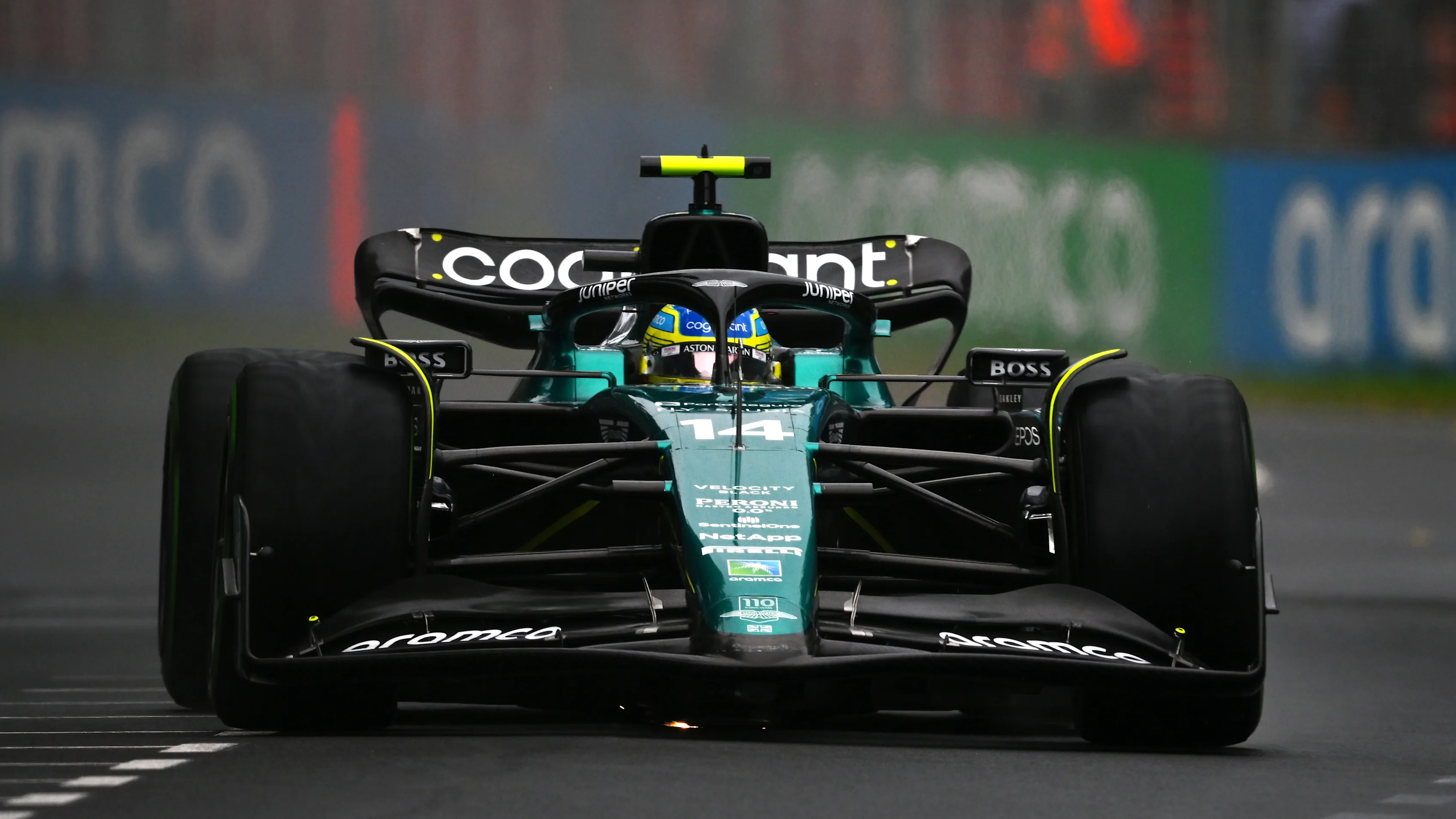 MELBOURNE, AUSTRALIA - MARCH 31: Fernando Alonso of Spain driving the (14) Aston Martin AMR23