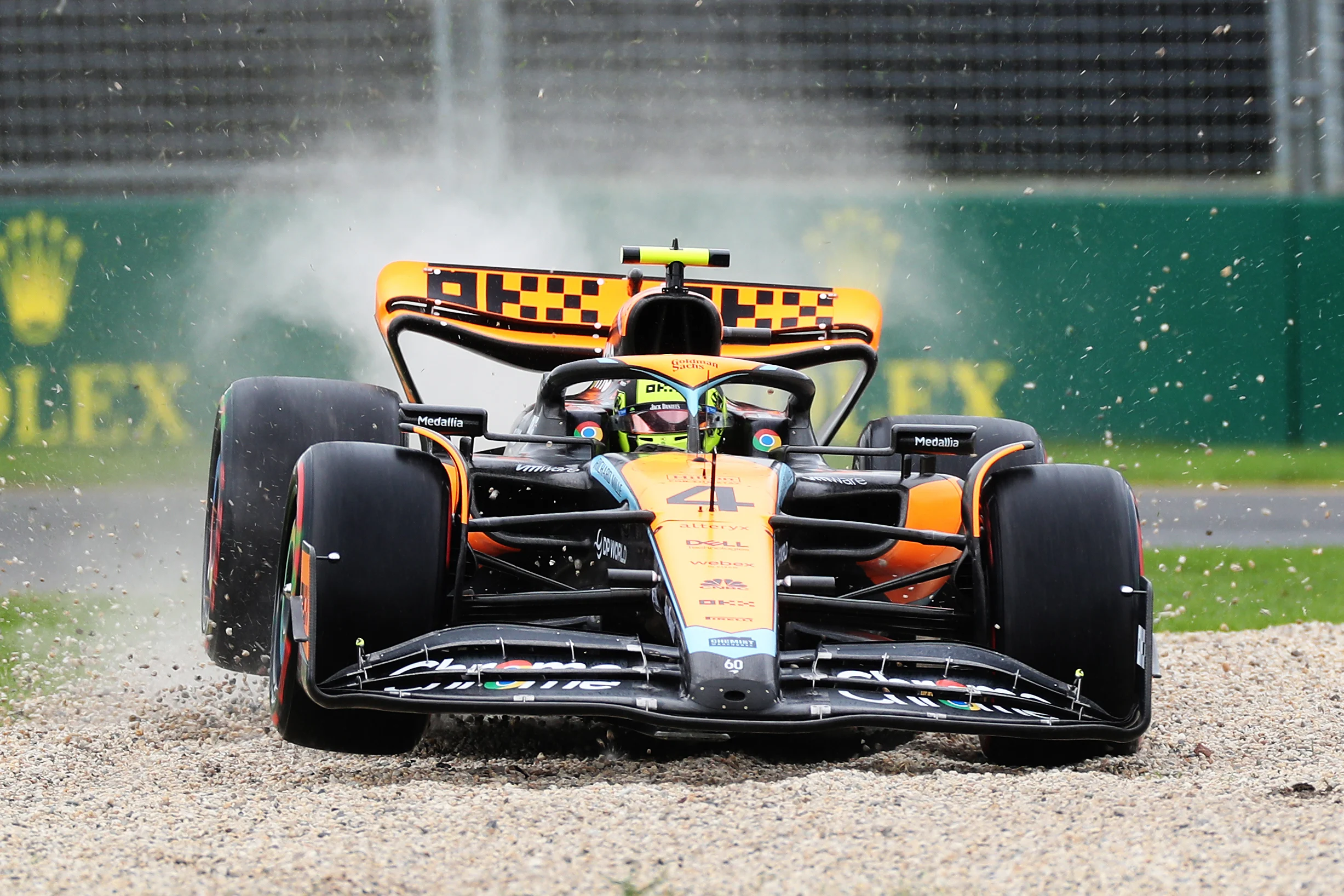 MELBOURNE, AUSTRALIA - MARCH 31: Lando Norris of Great Britain driving the (4) McLaren MCL60 Mercedes runs wide during practice ahead of the F1 Grand Prix of Australia at Albert Park Grand Prix Circuit on March 31, 2023 in Melbourne, Australia. (Photo by Peter Fox/Getty Images)