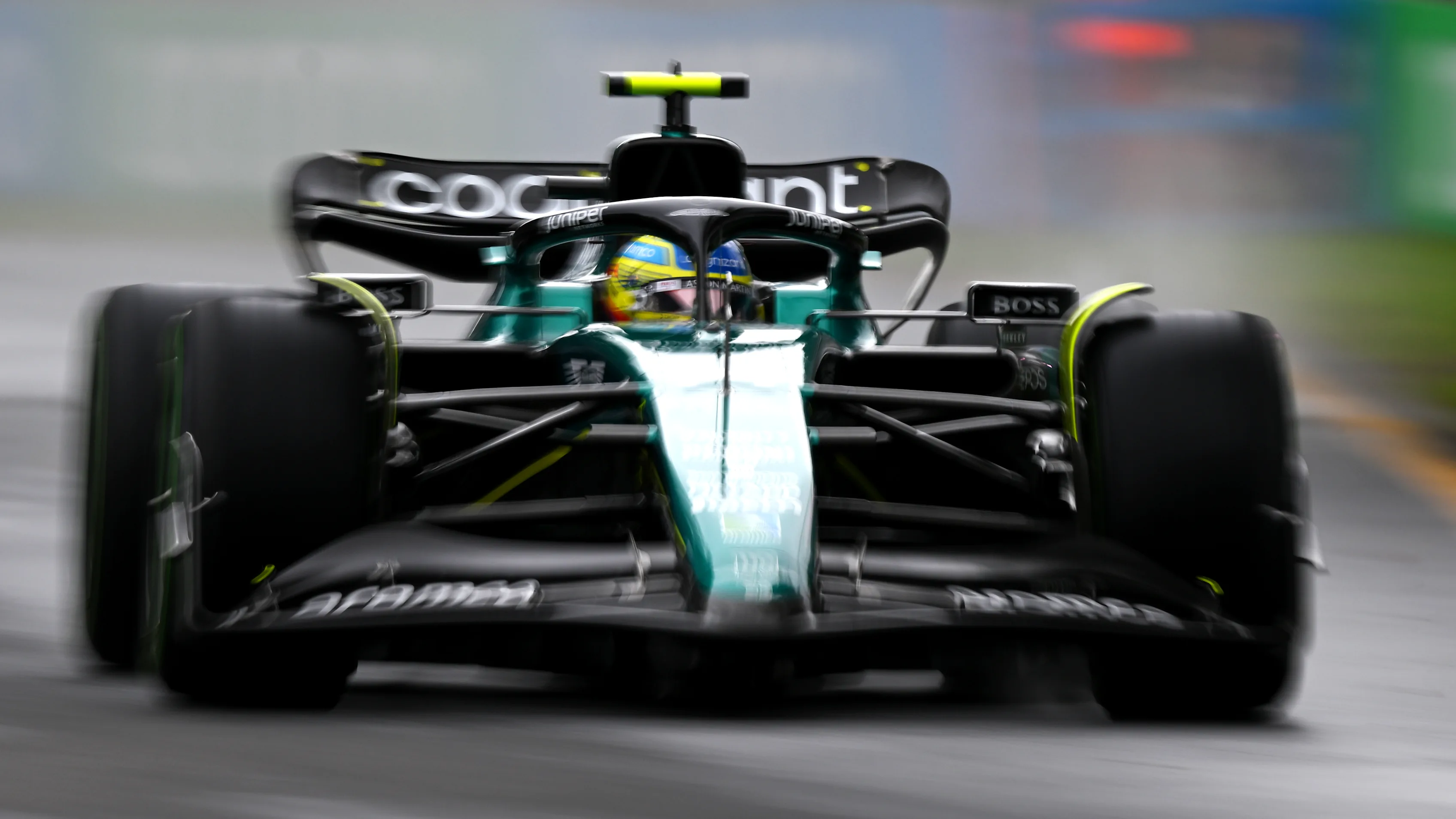 MELBOURNE, AUSTRALIA - MARCH 31: Fernando Alonso of Spain driving the (14) Aston Martin AMR23 Mercedes on track during practice ahead of the F1 Grand Prix of Australia at Albert Park Grand Prix Circuit on March 31, 2023 in Melbourne, Australia. (Photo by Clive Mason - Formula 1/Formula 1 via Getty Images)