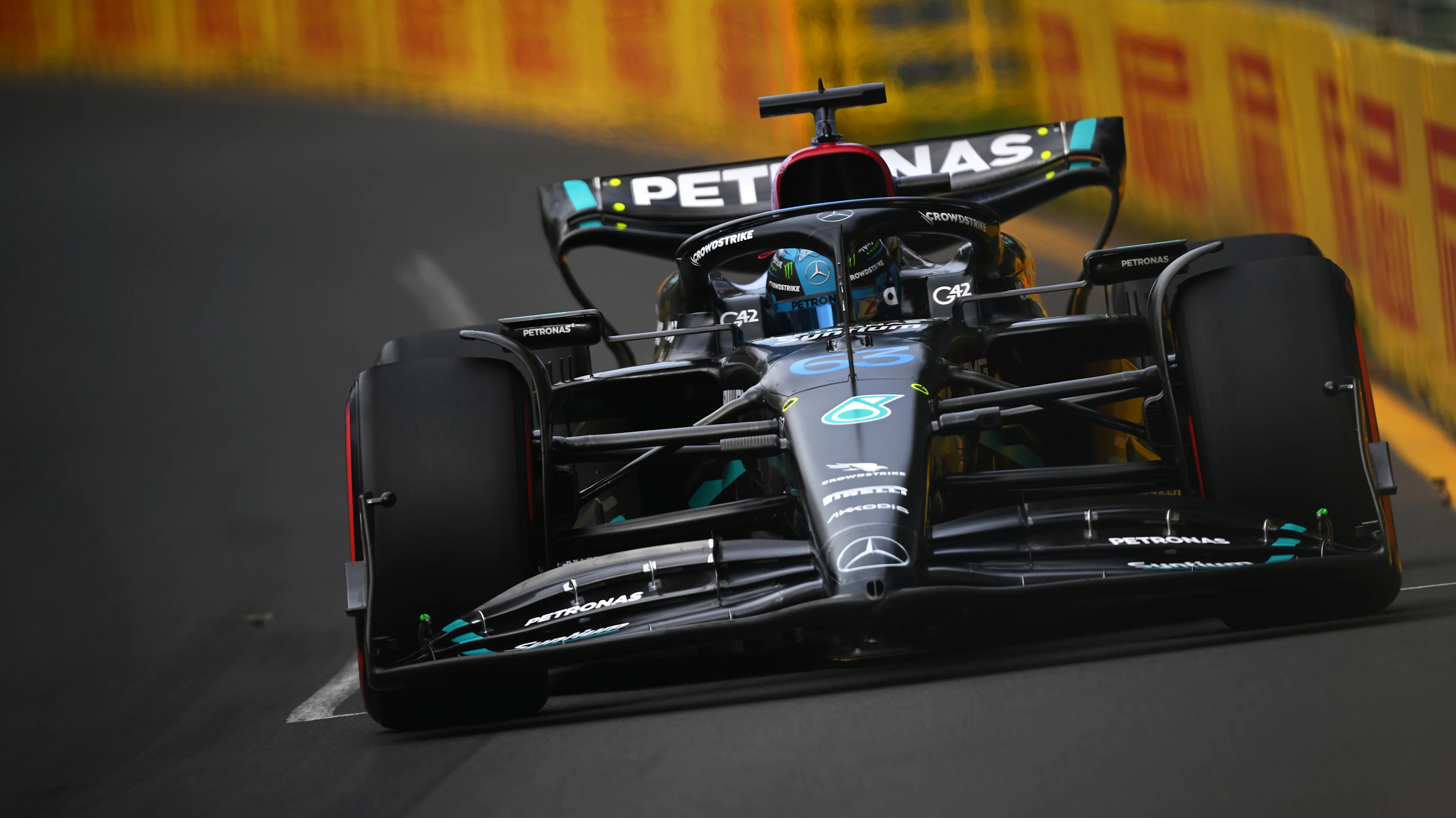 MELBOURNE, AUSTRALIA - APRIL 01: George Russell of Great Britain driving the (63) Mercedes AMG