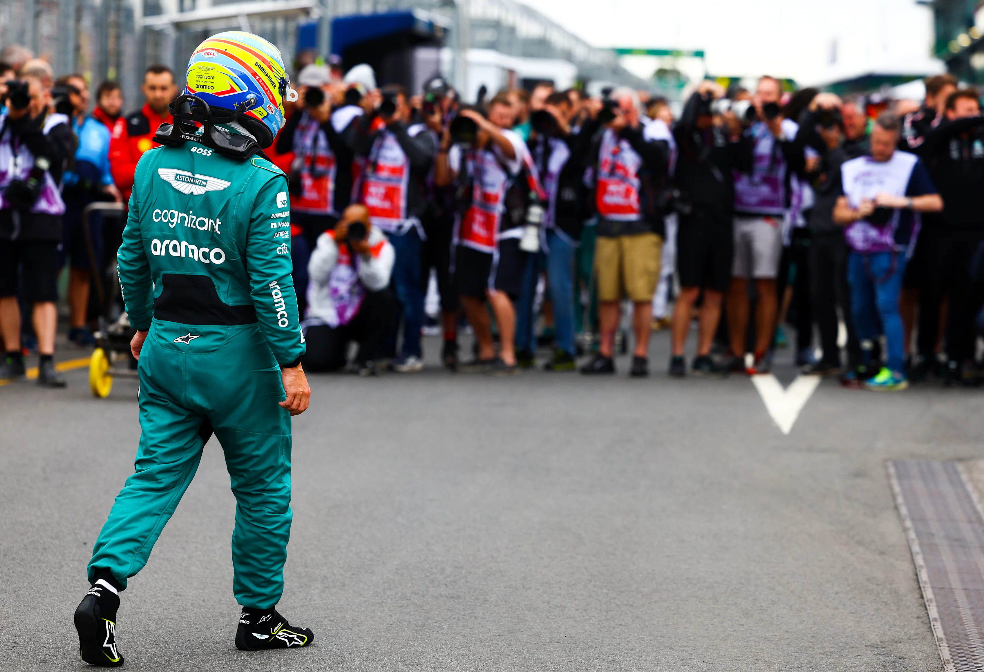 MELBOURNE, AUSTRALIA - APRIL 01: 4th placed qualifier Fernando Alonso of Spain and Aston Martin F1 Team looks on in parc ferme during qualifying ahead of the F1 Grand Prix of Australia at Albert Park Grand Prix Circuit on April 01, 2023 in Melbourne, Australia. (Photo by Mark Thompson/Getty Images)
