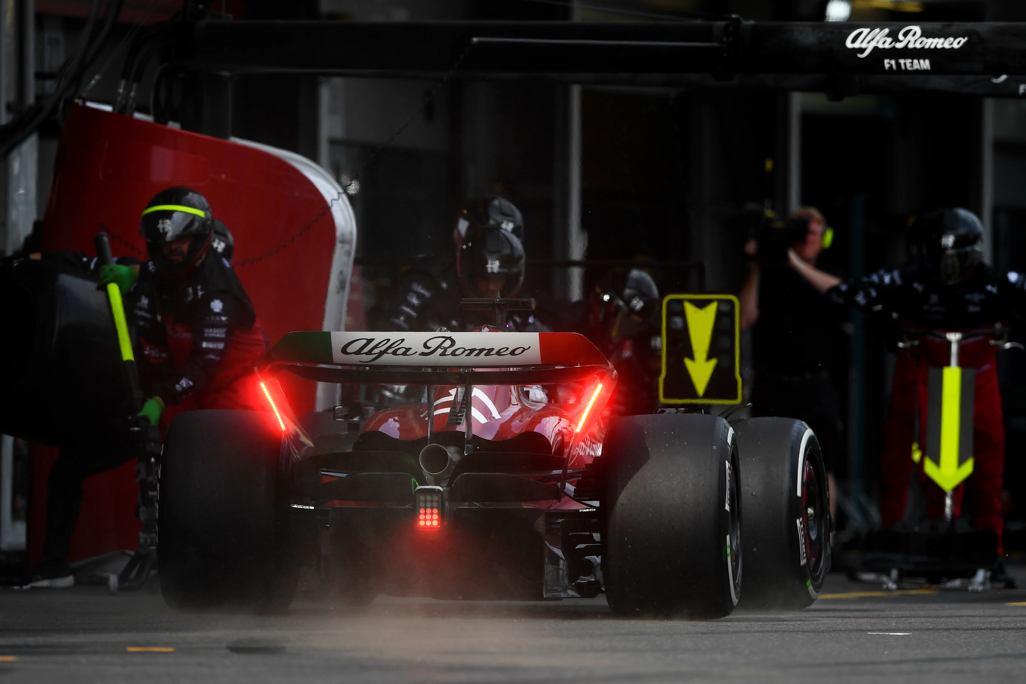 BAKU, AZERBAIJAN - APRIL 30: Valtteri Bottas of Finland driving the (77) Alfa Romeo F1 C43 Ferrari comes in for a pitstop during the F1 Grand Prix of Azerbaijan at Baku City Circuit on April 30, 2023 in Baku, Azerbaijan. (Photo by Rudy Carezzevoli/Getty Images)