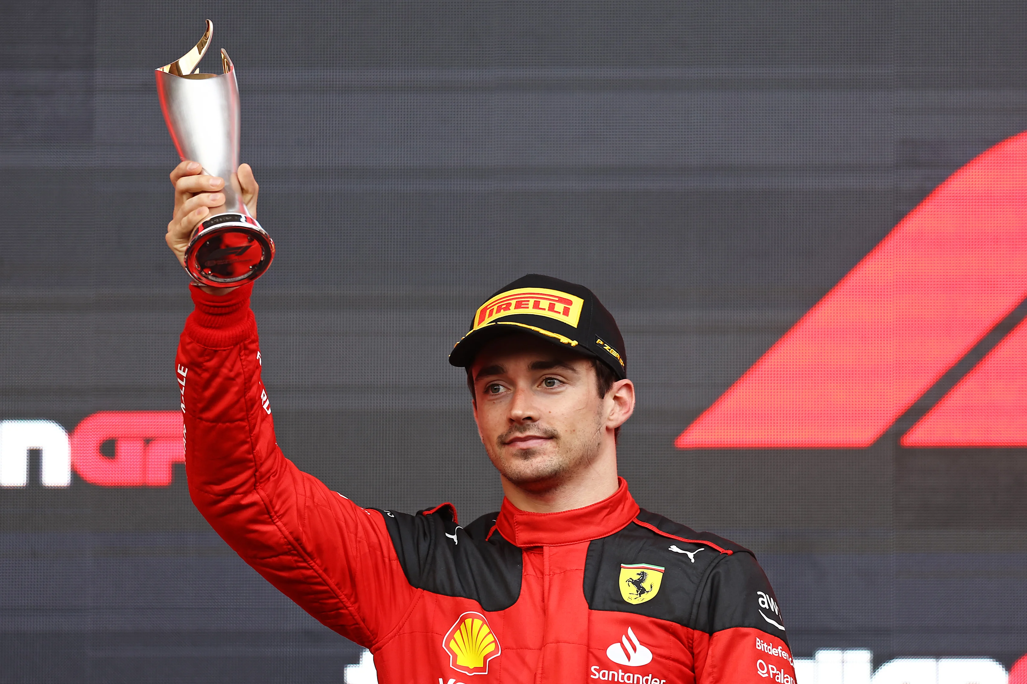 BAKU, AZERBAIJAN - APRIL 30: Third placed Charles Leclerc of Monaco and Ferrari celebrates on the podium during the F1 Grand Prix of Azerbaijan at Baku City Circuit on April 30, 2023 in Baku, Azerbaijan. (Photo by Alex Pantling/Getty Images)