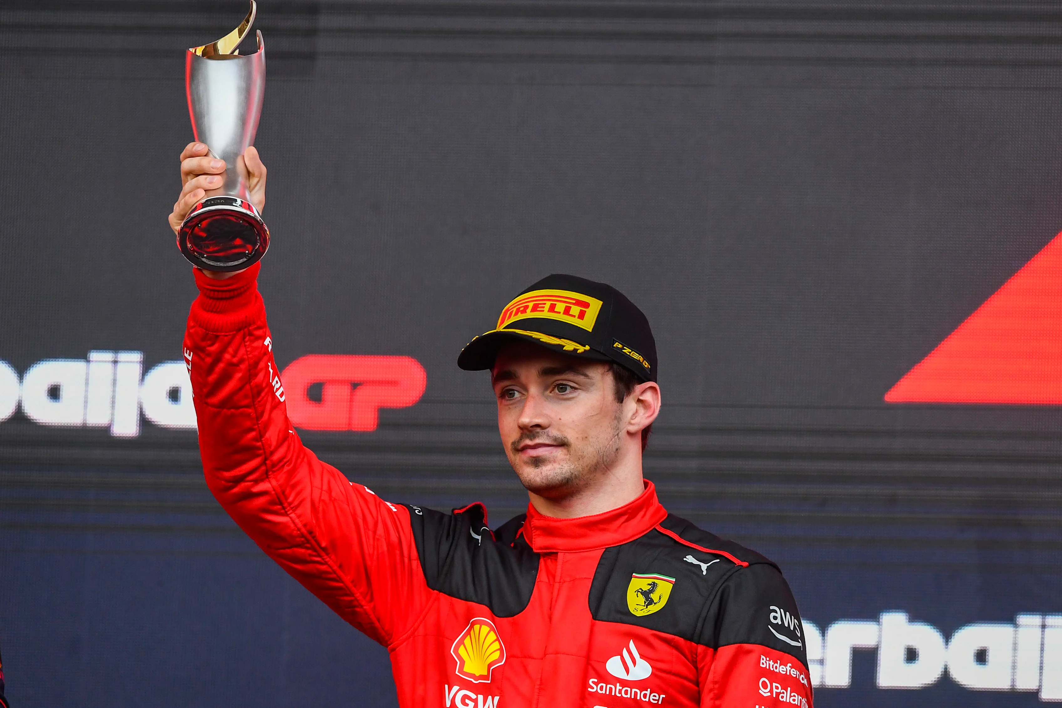 BAKU, AZERBAIJAN - APRIL 30: Third placed Charles Leclerc of Monaco and Ferrari celebrates on the