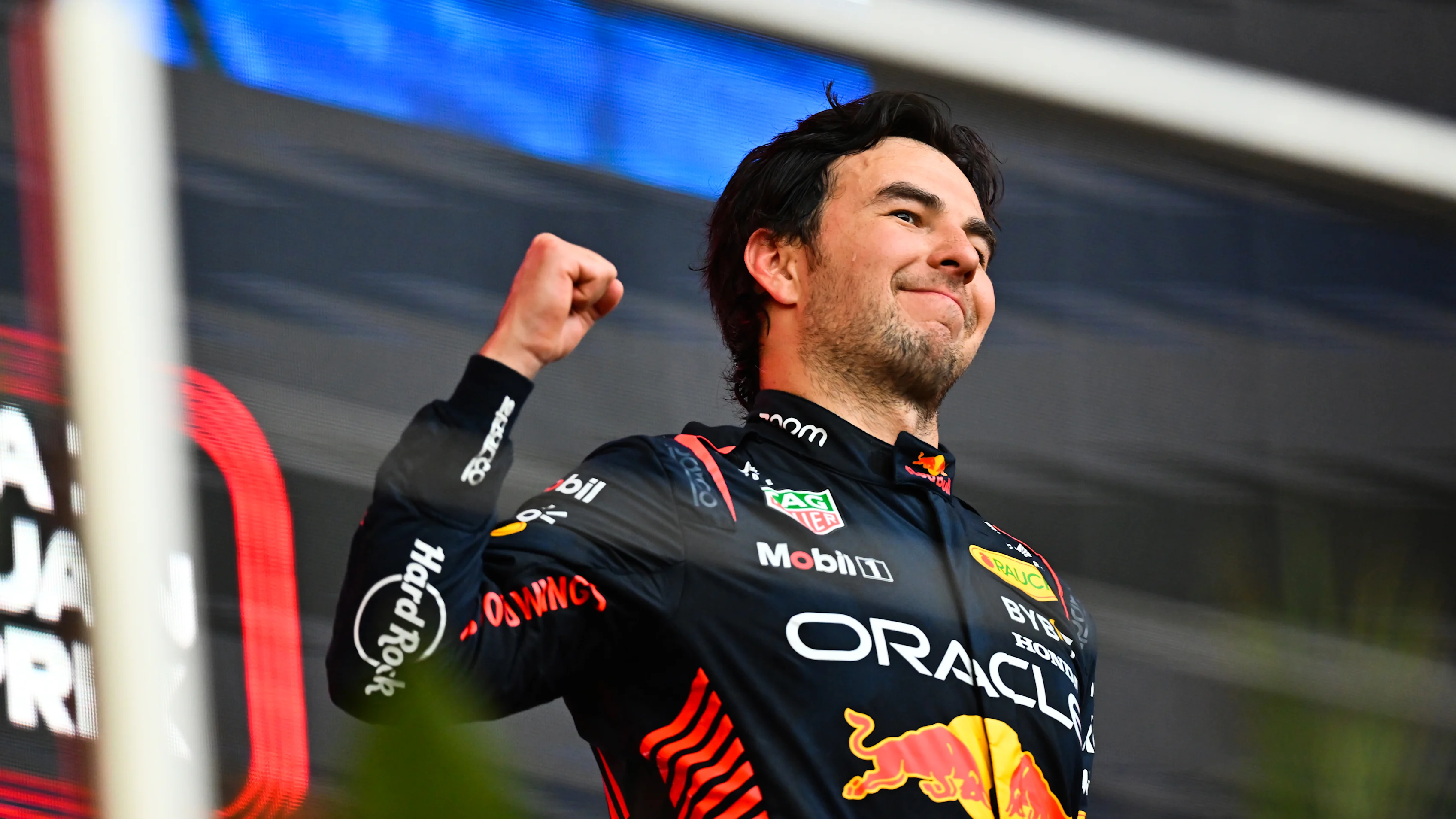 BAKU, AZERBAIJAN - APRIL 30: Race winner Sergio Perez of Mexico and Oracle Red Bull Racing celebrates in parc ferme during the F1 Grand Prix of Azerbaijan at Baku City Circuit on April 30, 2023 in Baku, Azerbaijan. (Photo by Dan Mullan - Formula 1/Formula 1 via Getty Images)