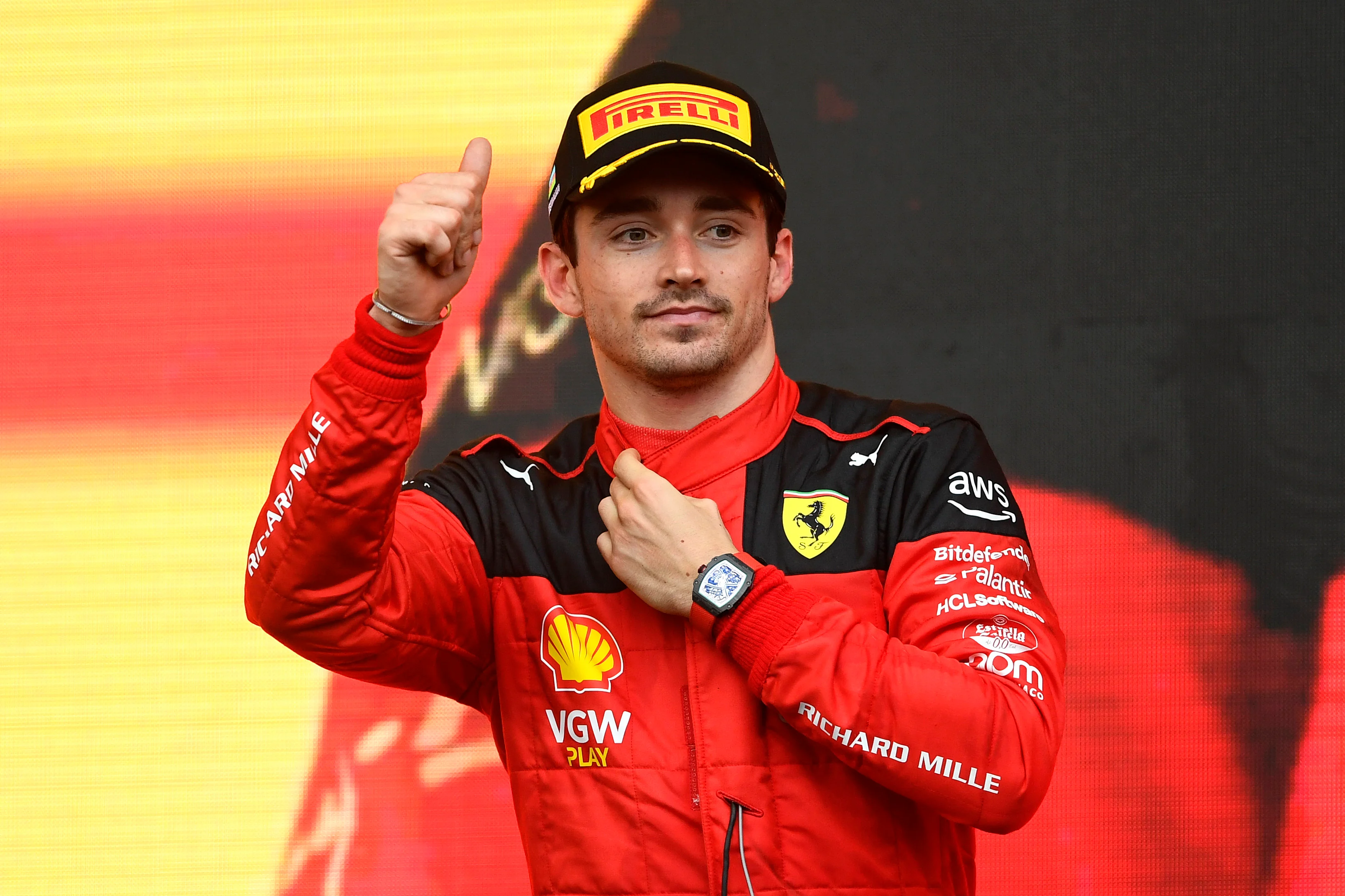 BAKU, AZERBAIJAN - APRIL 30: Third placed Charles Leclerc of Monaco and Ferrari celebrates on the
