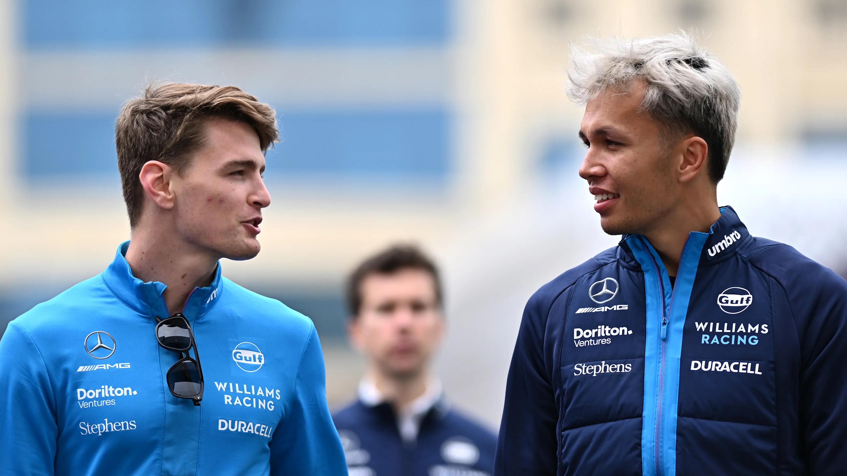 BAKU, AZERBAIJAN - APRIL 28: Alexander Albon of Thailand and Williams and Logan Sargeant of United States and Williams walk in the Paddock prior to practice ahead of the F1 Grand Prix of Azerbaijan at Baku City Circuit on April 28, 2023 in Baku, Azerbaijan. (Photo by Dan Mullan - Formula 1/Formula 1 via Getty Images)