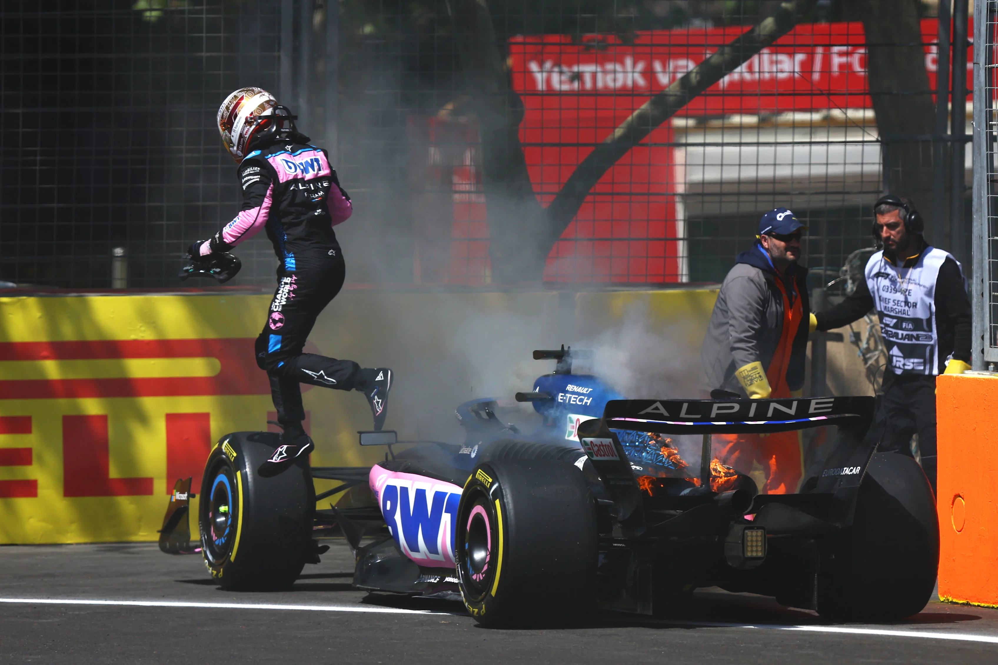BAKU, AZERBAIJAN - APRIL 28: Pierre Gasly of France and Alpine F1 leaves his car after it caught