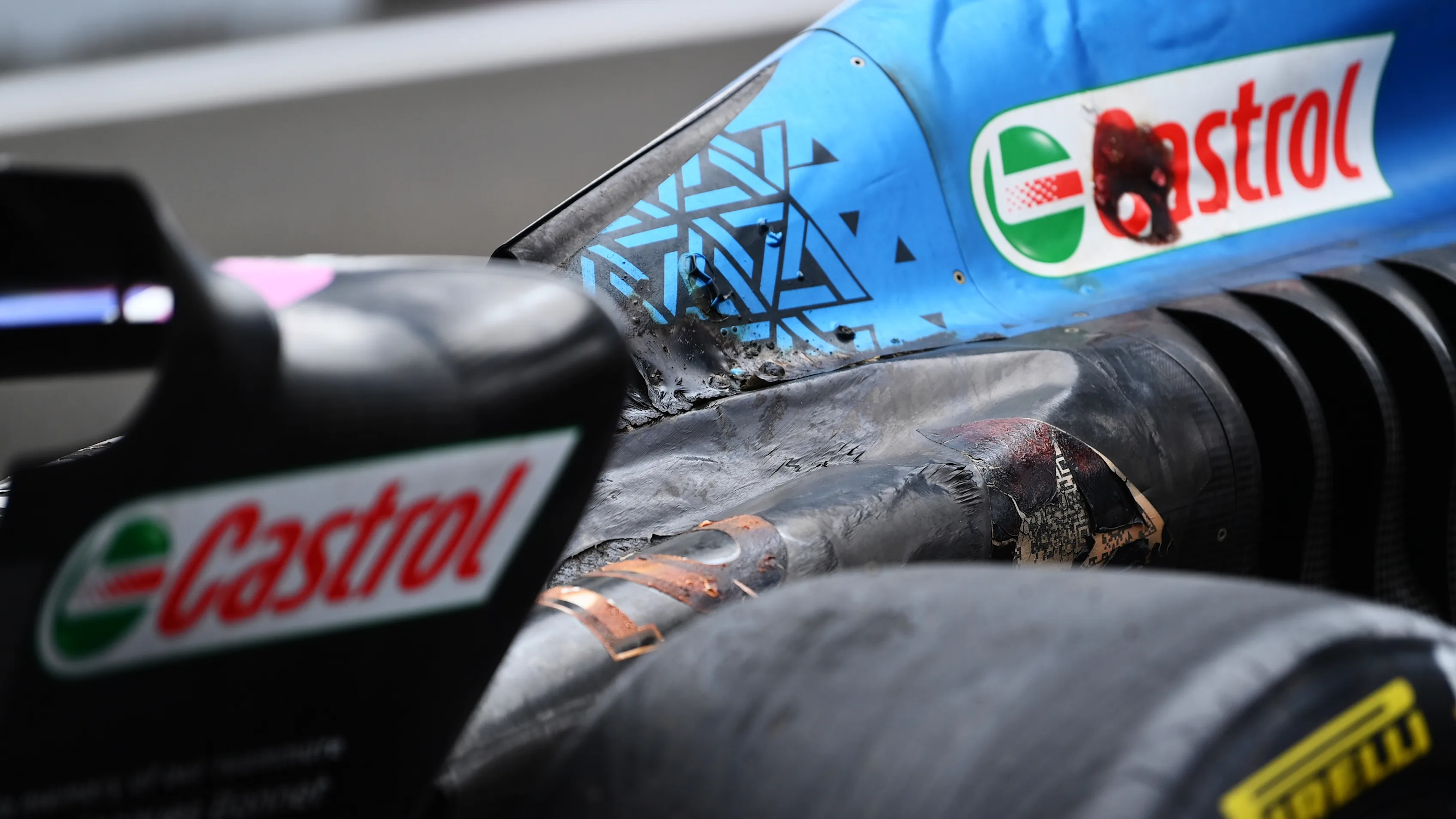 BAKU, AZERBAIJAN - APRIL 28: A detail shot of the fire damage on the car of Pierre Gasly of France and Alpine F1 during practice ahead of the F1 Grand Prix of Azerbaijan at Baku City Circuit on April 28, 2023 in Baku, Azerbaijan. (Photo by Dan Mullan - Formula 1/Formula 1 via Getty Images)