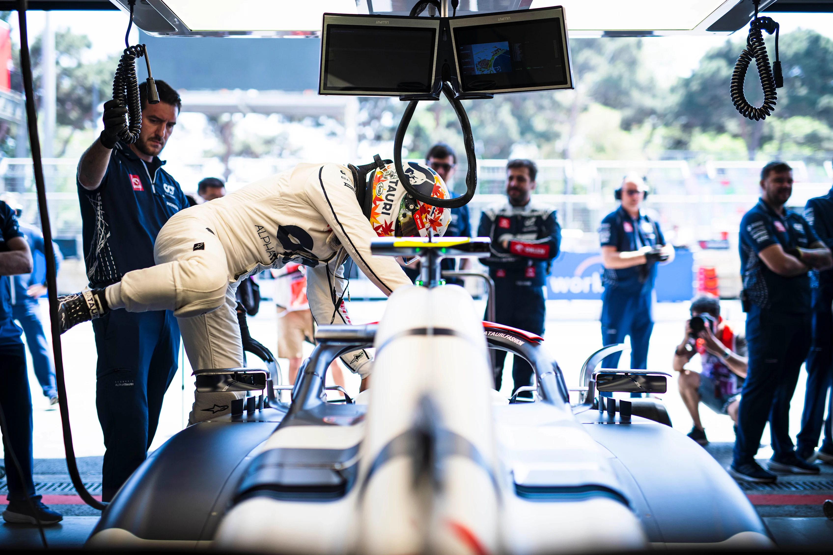 BAKU, AZERBAIJAN - APRIL 28: Yuki Tsunoda of Japan and Scuderia AlphaTauri prepares to drive in the garage during practice ahead of the F1 Grand Prix of Azerbaijan at Baku City Circuit on April 28, 2023 in Baku, Azerbaijan. (Photo by Rudy Carezzevoli/Getty Images)
