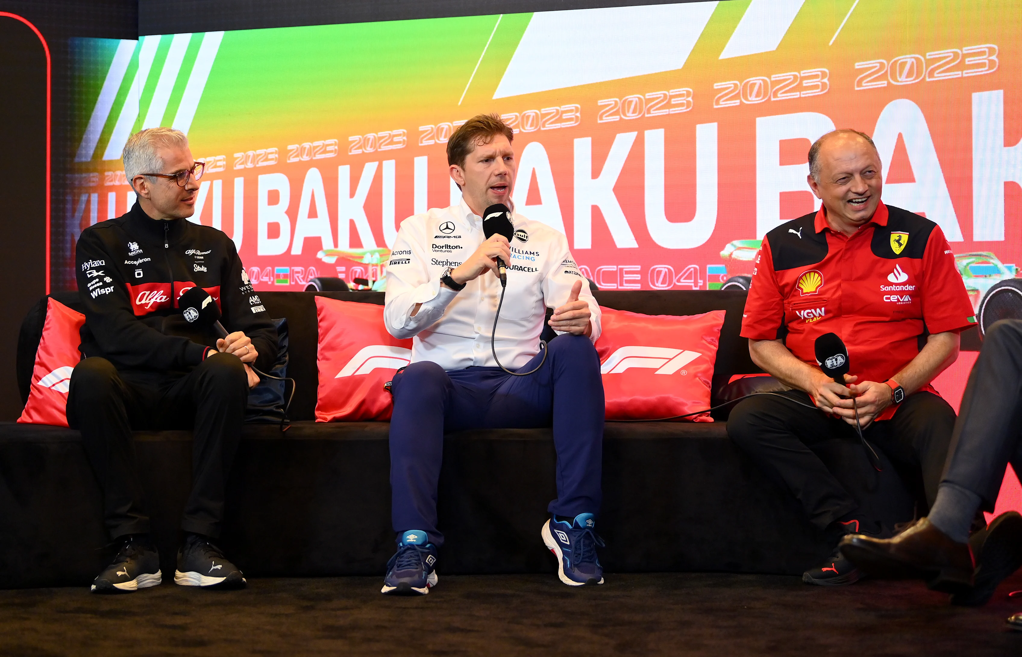 BAKU, AZERBAIJAN - APRIL 28: Alessandro Alunni Bravi, Team Representative of Alfa Romeo F1, James Vowles, Team Principal of Williams, and Ferrari Team Principal Frederic Vasseur attend the Team Principals Press Conference during practice ahead of the F1 Grand Prix of Azerbaijan at Baku City Circuit on April 28, 2023 in Baku, Azerbaijan. (Photo by Dan Mullan/Getty Images)