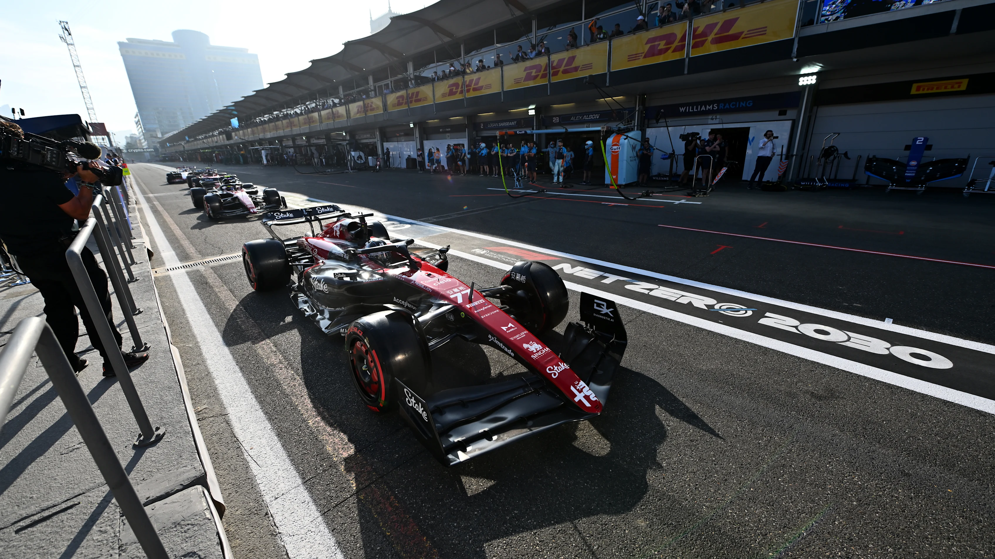 BAKU, AZERBAIJAN - APRIL 28: Valtteri Bottas of Finland driving the (77) Alfa Romeo F1 C43 Ferrari on track during qualifying ahead of the F1 Grand Prix of Azerbaijan at Baku City Circuit on April 28, 2023 in Baku, Azerbaijan. (Photo by Dan Mullan - Formula 1/Formula 1 via Getty Images)