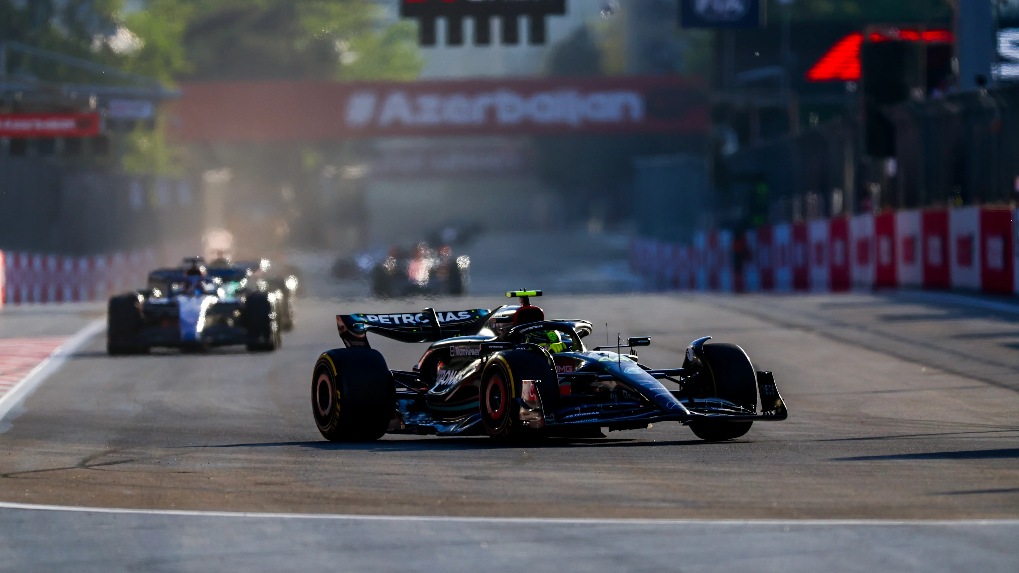 BAKU, AZERBAIJAN - APRIL 29: Lewis Hamilton of Great Britain driving the (44) Mercedes AMG Petronas F1 Team W14 on track during the Sprint ahead of the F1 Grand Prix of Azerbaijan at Baku City Circuit on April 29, 2023 in Baku, Azerbaijan. (Photo by Bryn Lennon - Formula 1/Formula 1 via Getty Images)