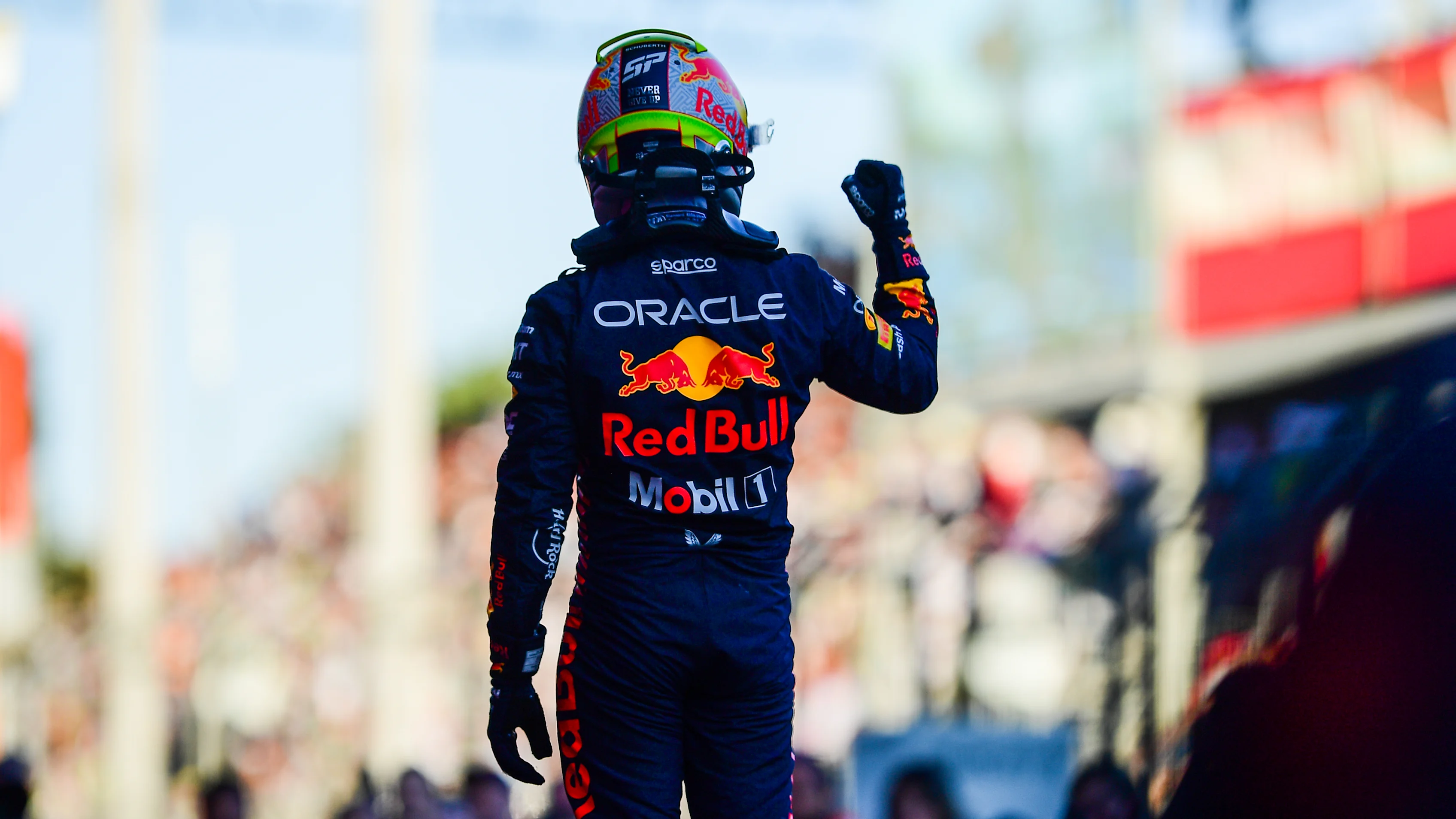 BAKU, AZERBAIJAN - APRIL 29: Sprint winner Sergio Perez of Mexico and Oracle Red Bull Racing celebrates in parc ferme during the Sprint ahead of the F1 Grand Prix of Azerbaijan at Baku City Circuit on April 29, 2023 in Baku, Azerbaijan. (Photo by Mario Renzi - Formula 1/Formula 1 via Getty Images)